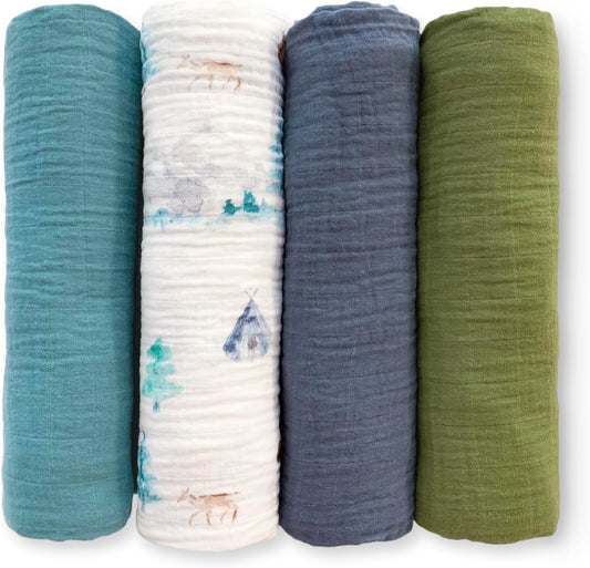SwaddleDesigns Cotton Muslin Swaddle Blankets for Baby Boy & Baby Girl, Set of 4, Neutral Receiving Blankets for Newborn, Baby Registry & Gift, 46x46 inches, Watercolor Mountains & Trees
