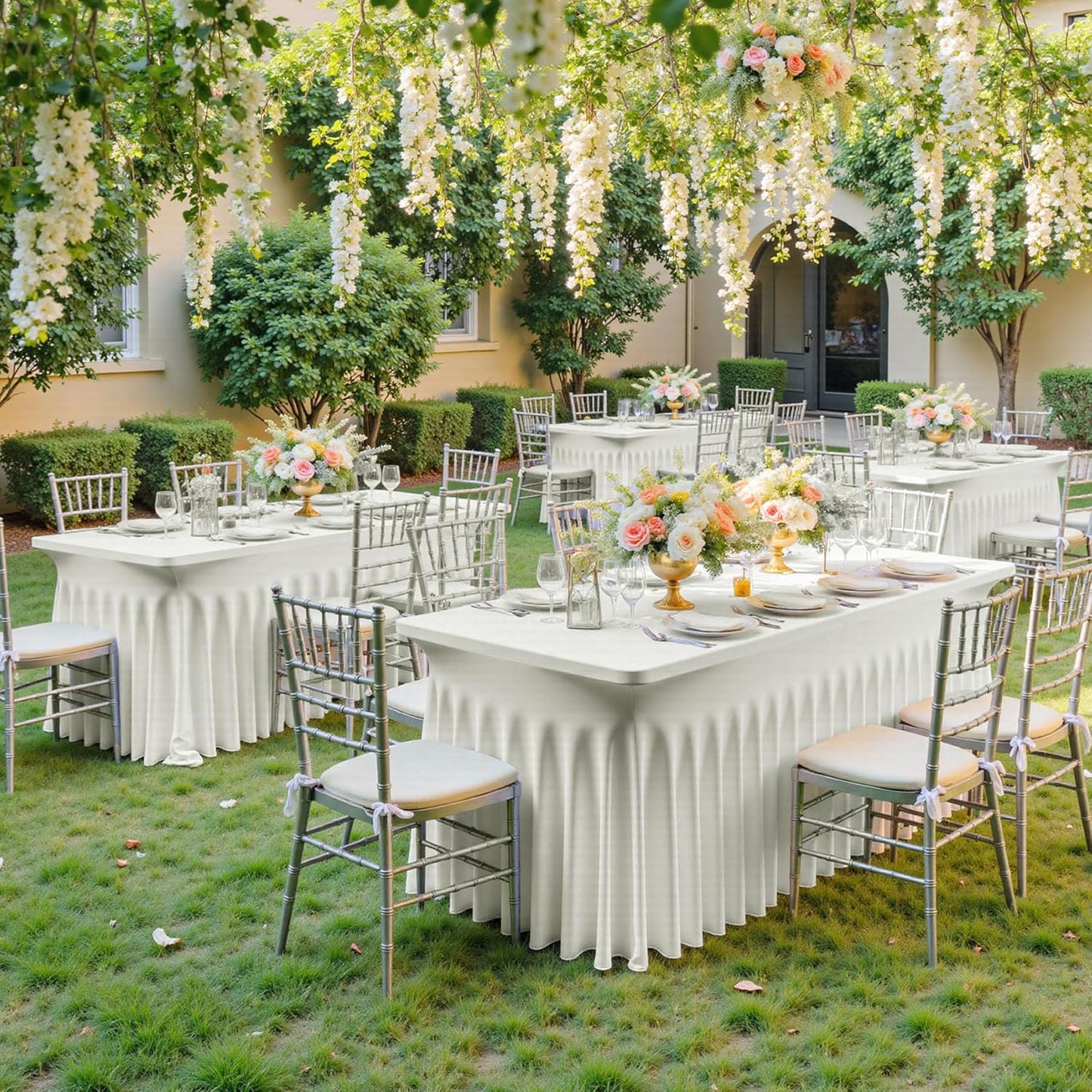 2 pk Ivory Spandex Tablecloth 6ft with Ruffle Skirts,Wrinkle Free High Stretch Cream Fitted Tablecloths for 6 Foot Rectangle Tables,Elastic Spandex Table Covers 6 ft for Parties Weddings Banquet