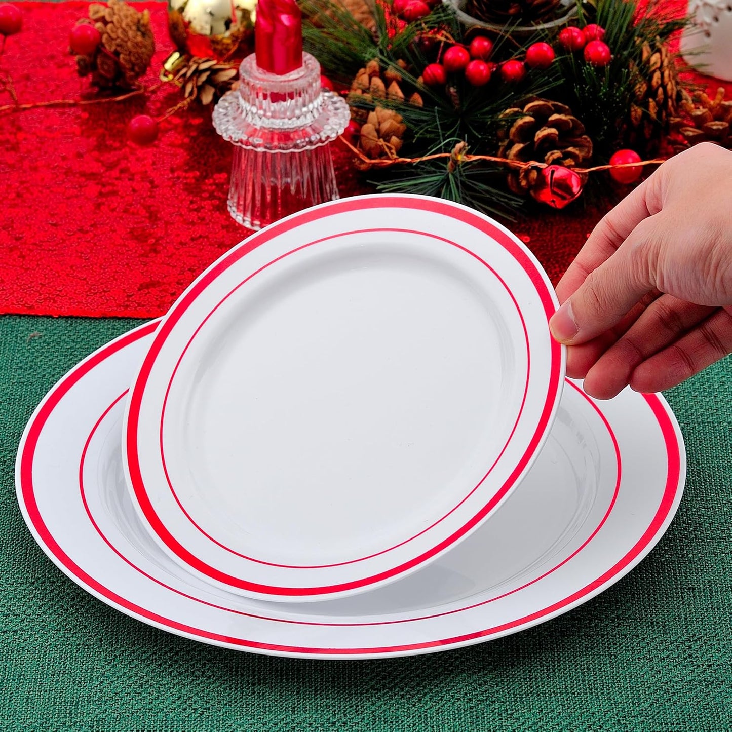 300 PCS Red Dinnerware Set for 50 Guests,Red Rimmed Heavy Duty Plastic Disposable Plates for Party Wedding-50 Dinner Plates,Dessert Plates,Spoons,Forks,Knives,Cups