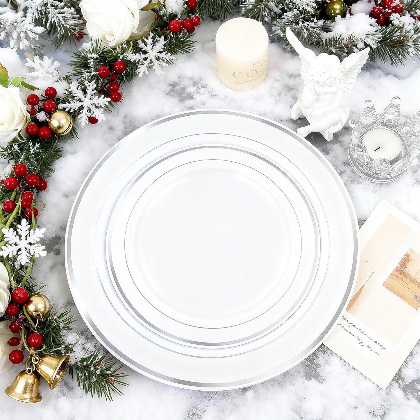 FLOWERCAT 60PCS Silver Plastic Plates - Heavy Duty White and Silver Plastic Plates Disposable - Include 30PCS 10.25inch Dinner Plates and 30PCS 7.5inch Dessert Plates for Wedding&New Year&Christmas