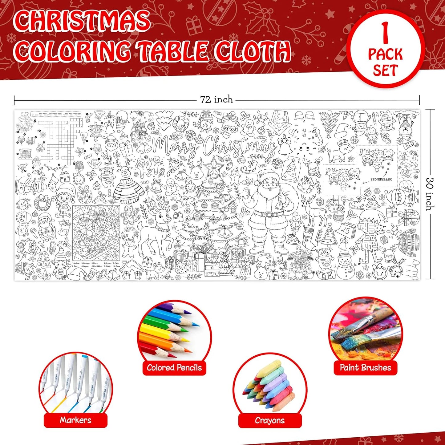 Christmas Giant Coloring Tablecloth for Kids, Large 30x72 Inch Poster with Santa, Christmas Tree, Reindeer, Perfect for Party Games, Classroom Decorations, Arts Crafts, Winter Activities