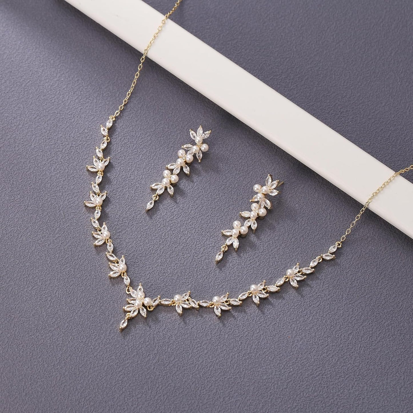 EleQueen Women's Simulated Pearl Wedding Jewelry Set, Cubic Zirconia Marquise Floral Bridal Necklace Earrings Bracelet Sets