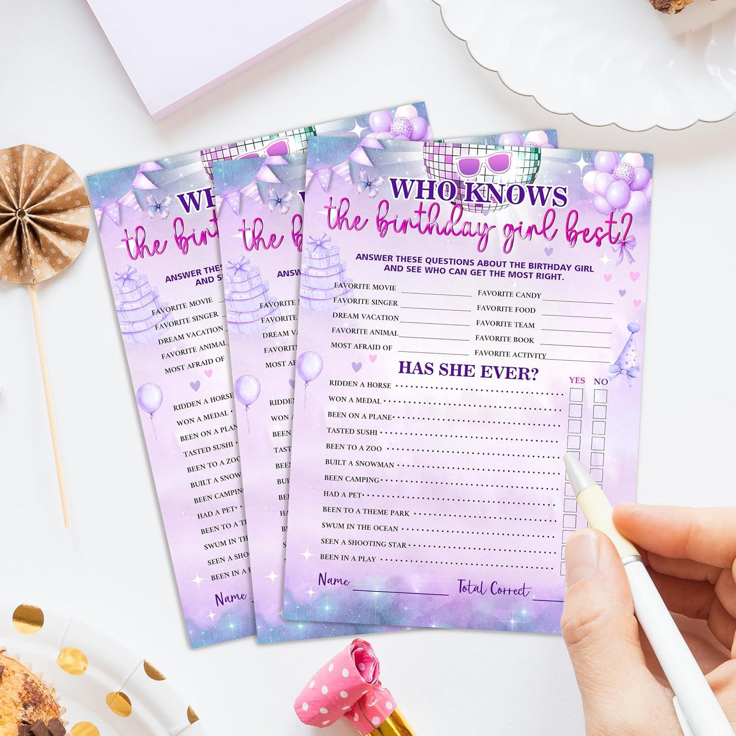 Birthday Party Games Card, Who Knows The Birthday Girl Best, Girls Sleepover Party Supplies for The Girls Card Game, 5x7 Inch Set of 25 Game Cards (Purple, Double-Sided) - A08