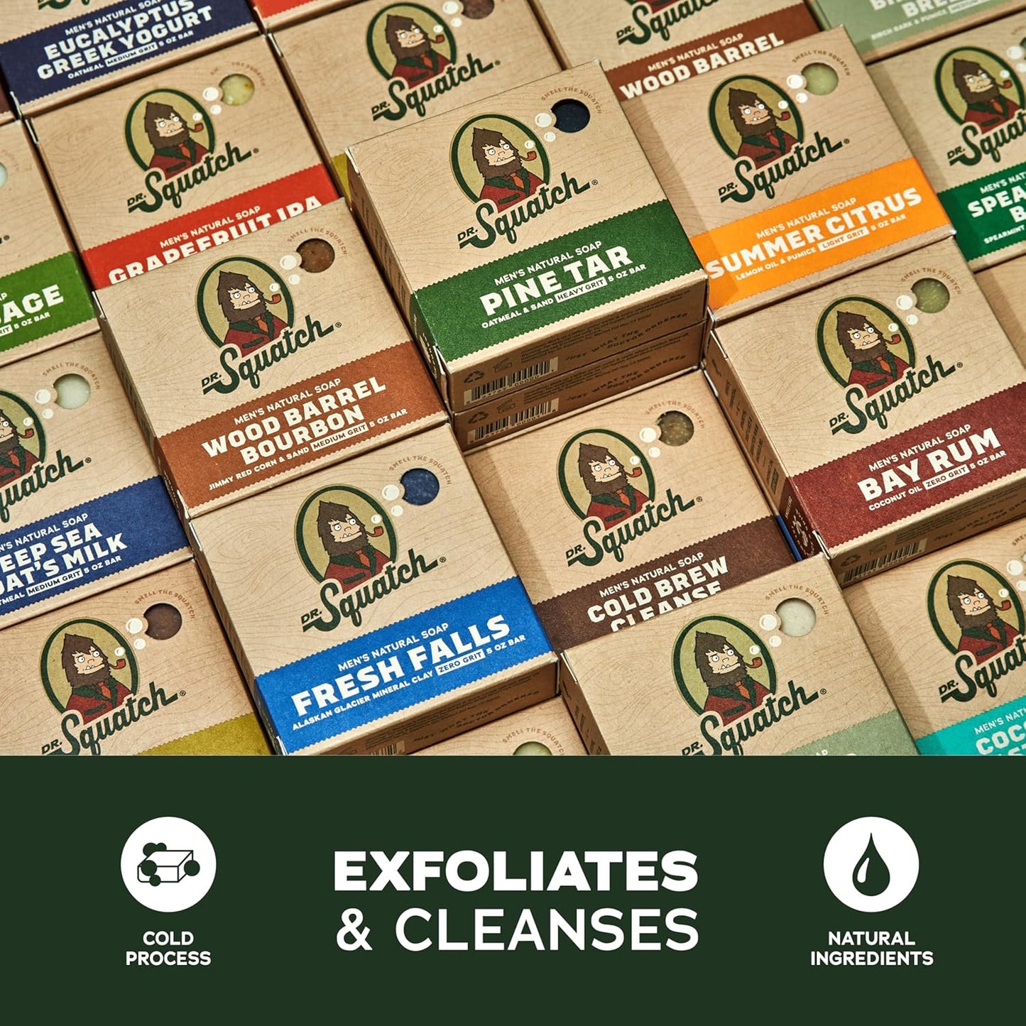 Dr. Squatch Natural Bar Soap for Men - Cold Process Soap with No Harsh Chemicals - Coconut Castaway, Rainforest Rapids, Sierra Storm, Fresh Falls, Coastal Mist (5 oz, 5-Pack)