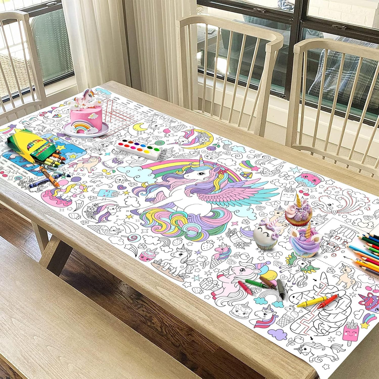 Unicorn Coloring Tablecloth for Kids, Magical 30x72 Inch Poster with Unicorns, Rainbows, Perfect for Girls Birthday Party Games, Fantasy Decorations, Classroom Activities, Event Supplies