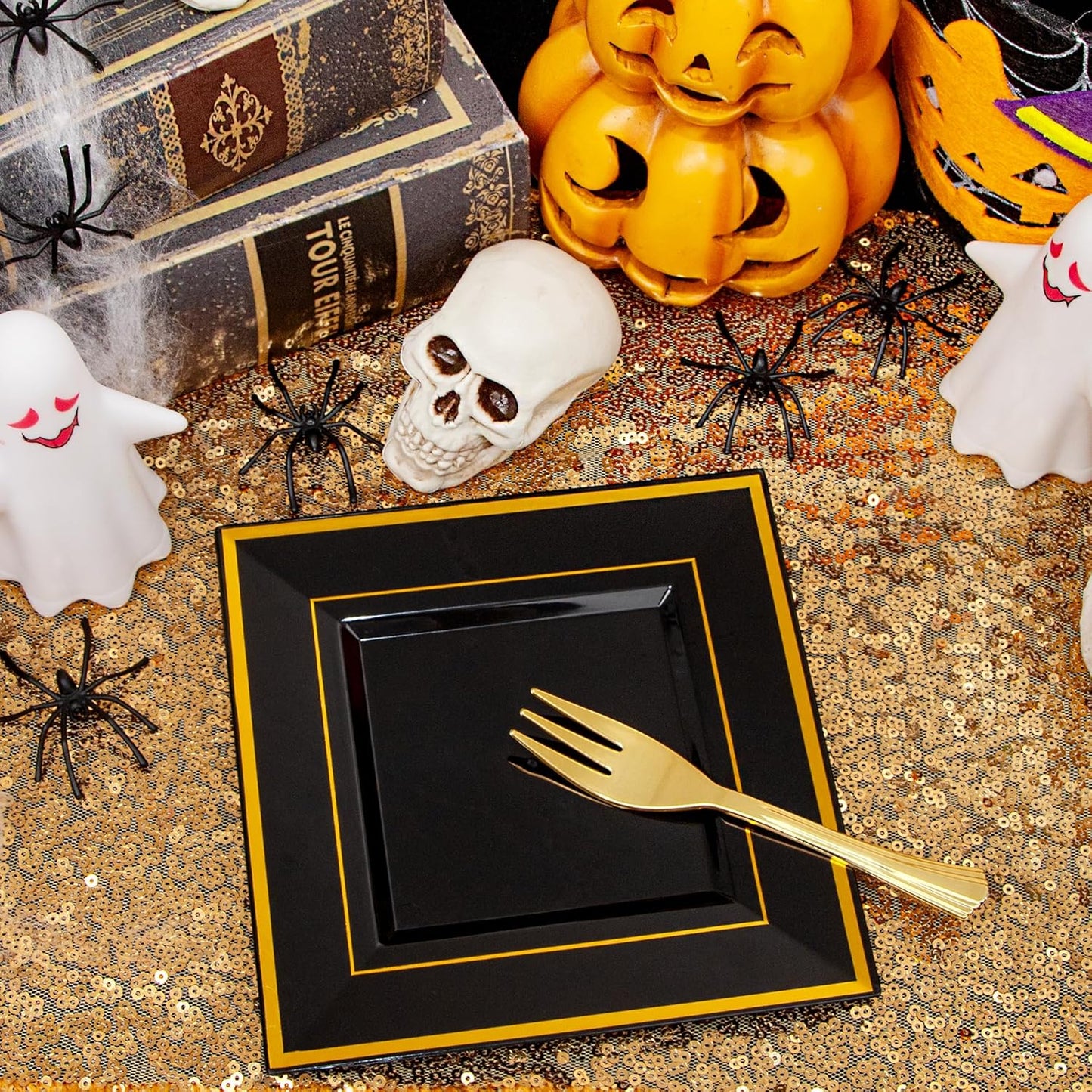 WDF 200PCS Black and Gold Plastic Dessert Plates with Plastic Forks -6’’ 100 Square Disposable Appetizer Plates Small Plate Cake Plate with Gold Rim for New Year