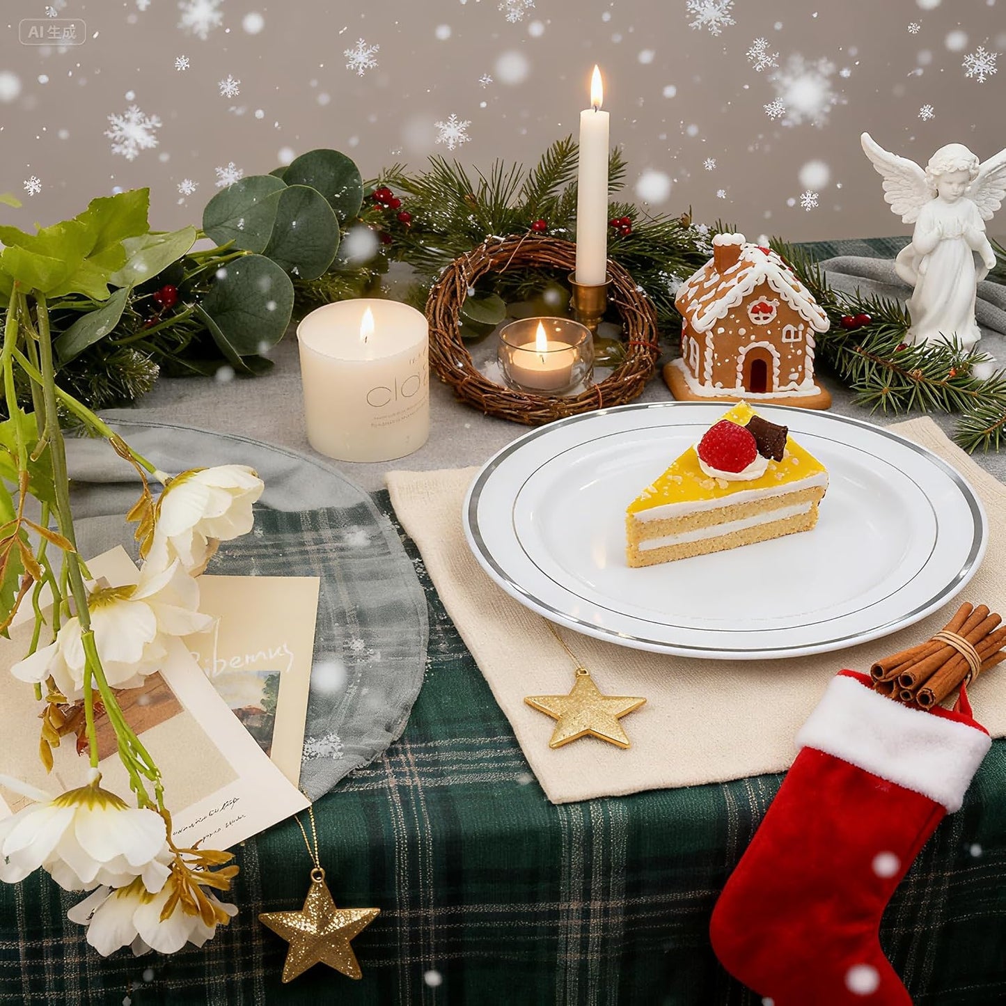 FLOWERCAT 60PCS Silver Plastic Plates - Heavy Duty White and Silver Plastic Plates Disposable - Include 30PCS 10.25inch Dinner Plates and 30PCS 7.5inch Dessert Plates for Wedding&New Year&Christmas