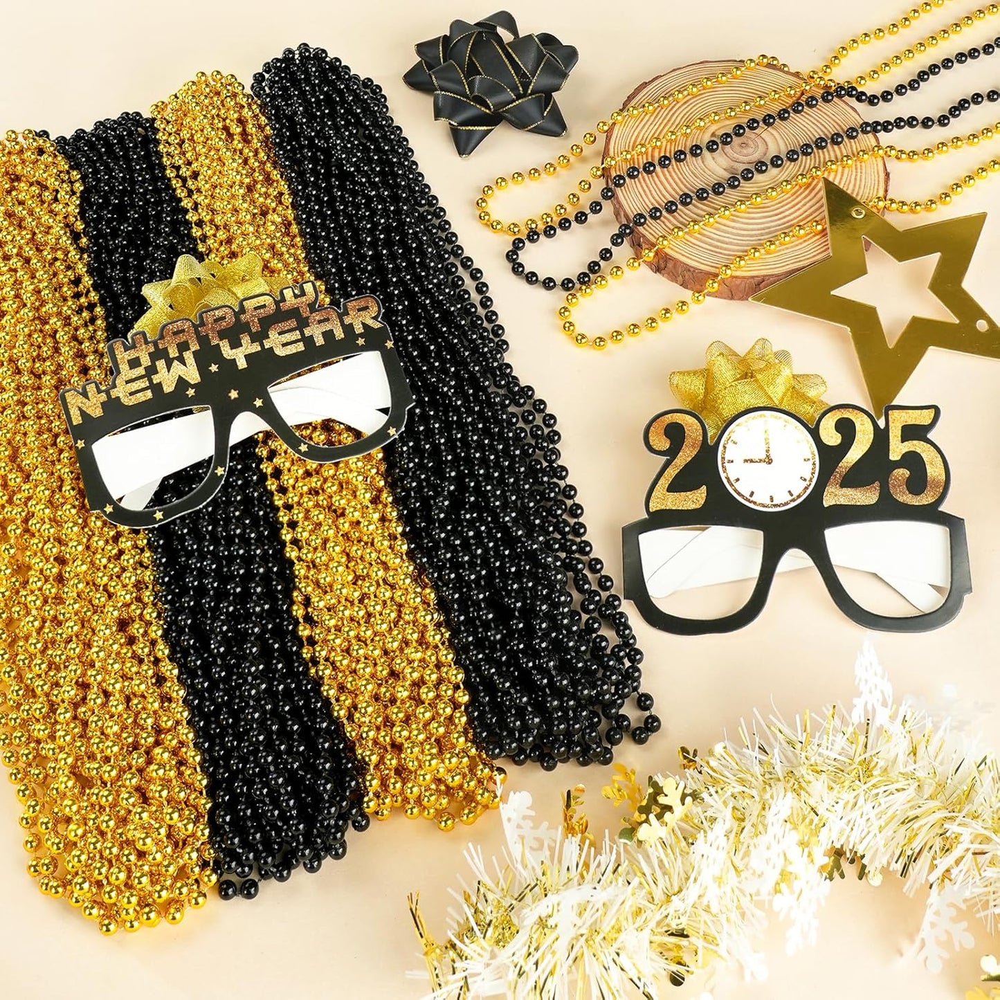 YAXINRUI 24 PCS Gold Black New Year Necklaces, New Year Bead Party Favors, Happy New Year Necklace, 33‘’ Gold Black Beaded Necklaces for 2026 New Years Eve Christmas Halloween Festive Events