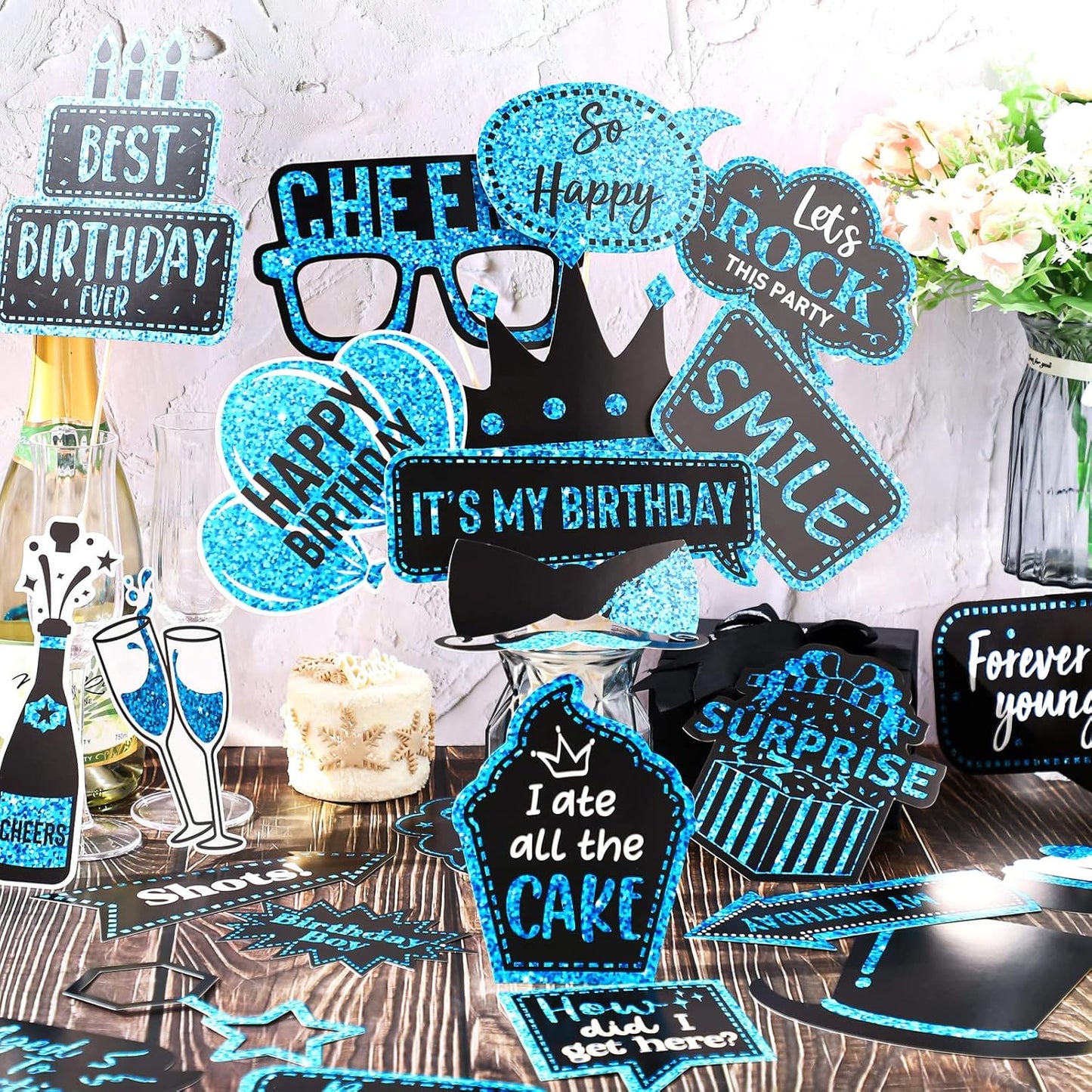 Outus 36 Pcs Birthday Photo Booth Props Kit Happy Birthday Graduation Wedding Party Favors Supplies Bday Party Decor 40th- 50th-60th Photobooth Funny Cute Holiday Selfie Supplies(Blue and Black)