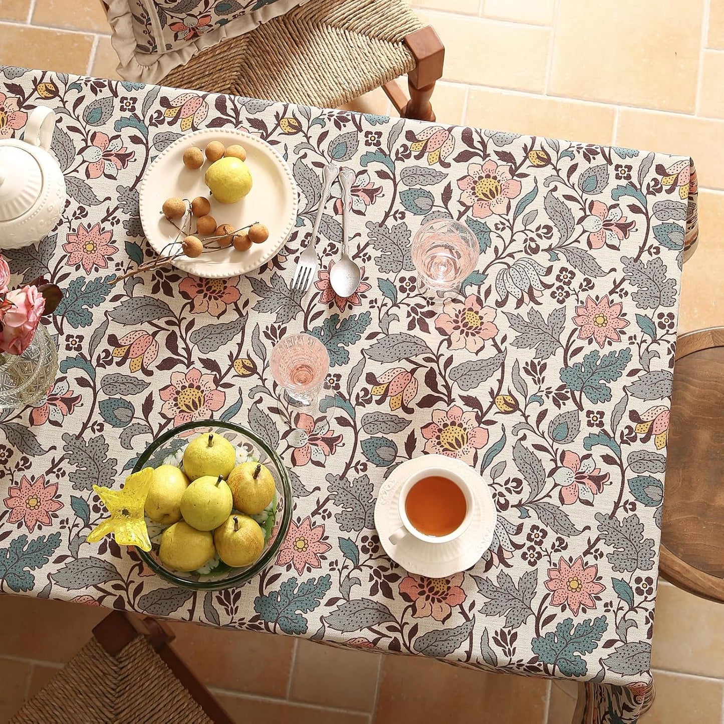 ISAENNE Designer Boho Floral Table Cloth for Rectangle Table,Linen Lotus Flower Pattern Colorful Tablecloth,Durable Decor Tablecloths for Dining Thanksgiving Kitchen Christmas,55"*79"-Hazel A