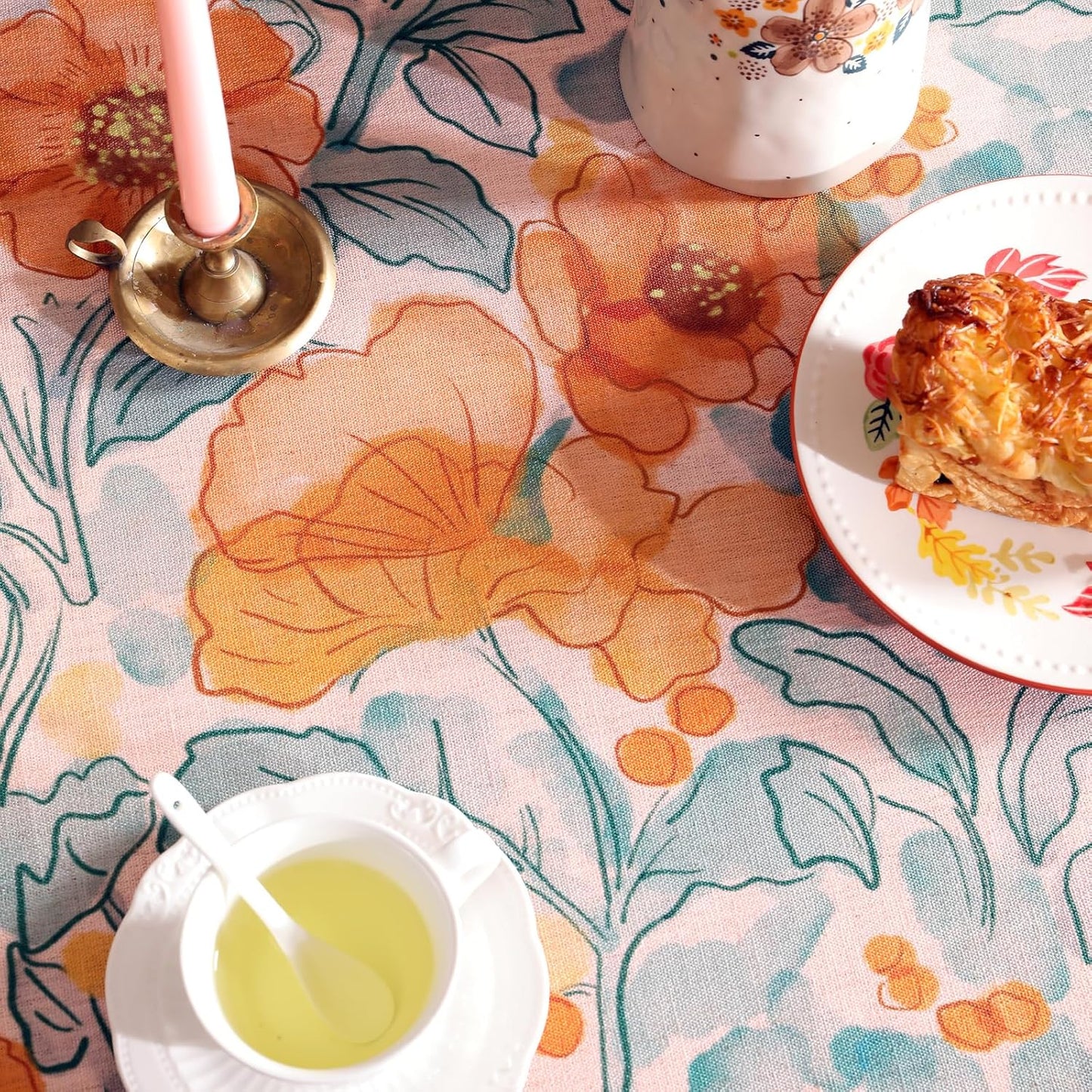 Vintage Linen Long Rectangle Tablecloth,Italian Orange Floral Pattern Wrinkle Resistan Table Cloth,Decor Table Cover for Kitchen,Dining,Thanksgiving,Christmas,63"*94"-Positano