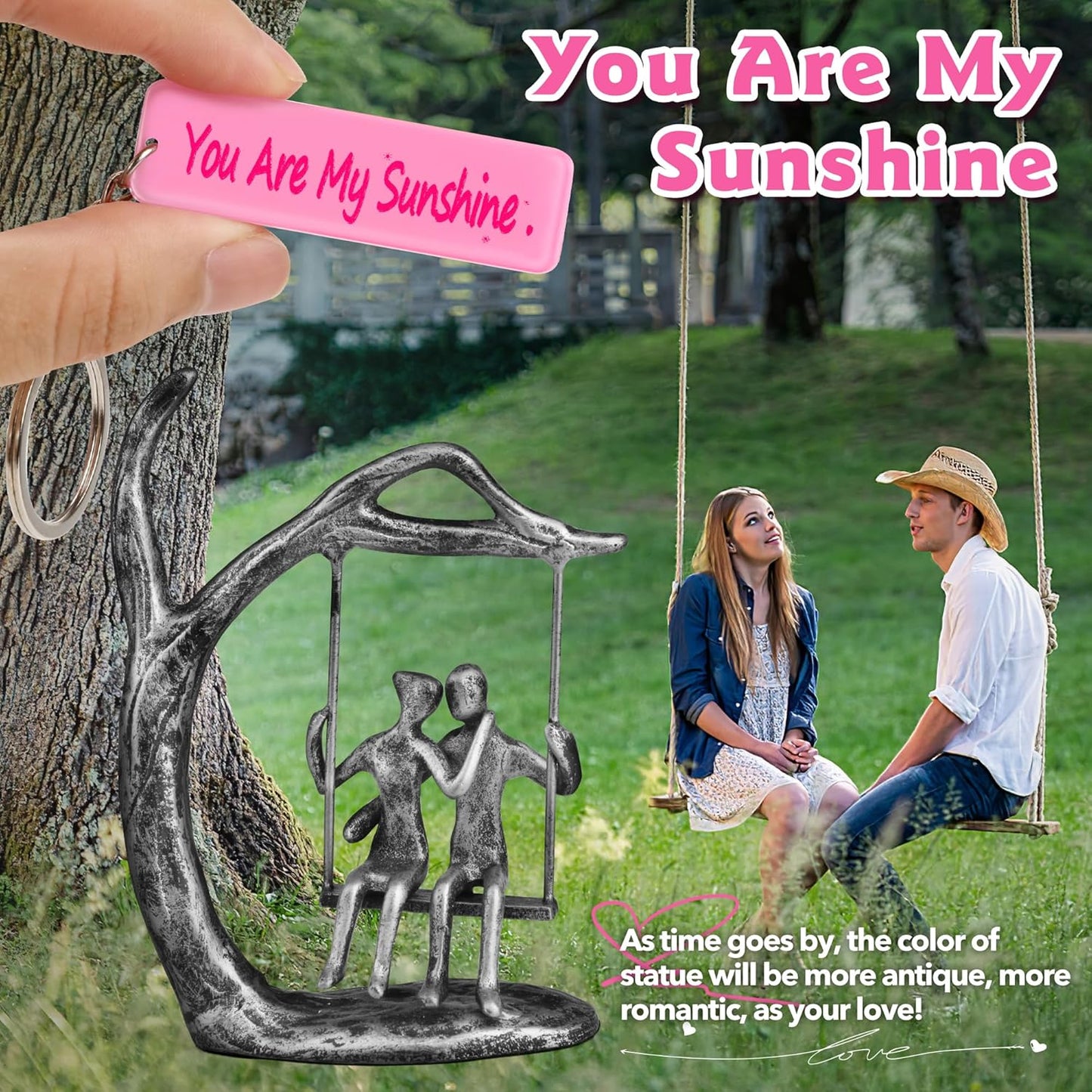 Anniversary Wedding Gifts for Couple/Her - Romantic Couple Statue in Love, Antique Silver Metal Figurine Sweet Loving Together Iron Sculpture Decor, Birthday Gifts for Wife Husband