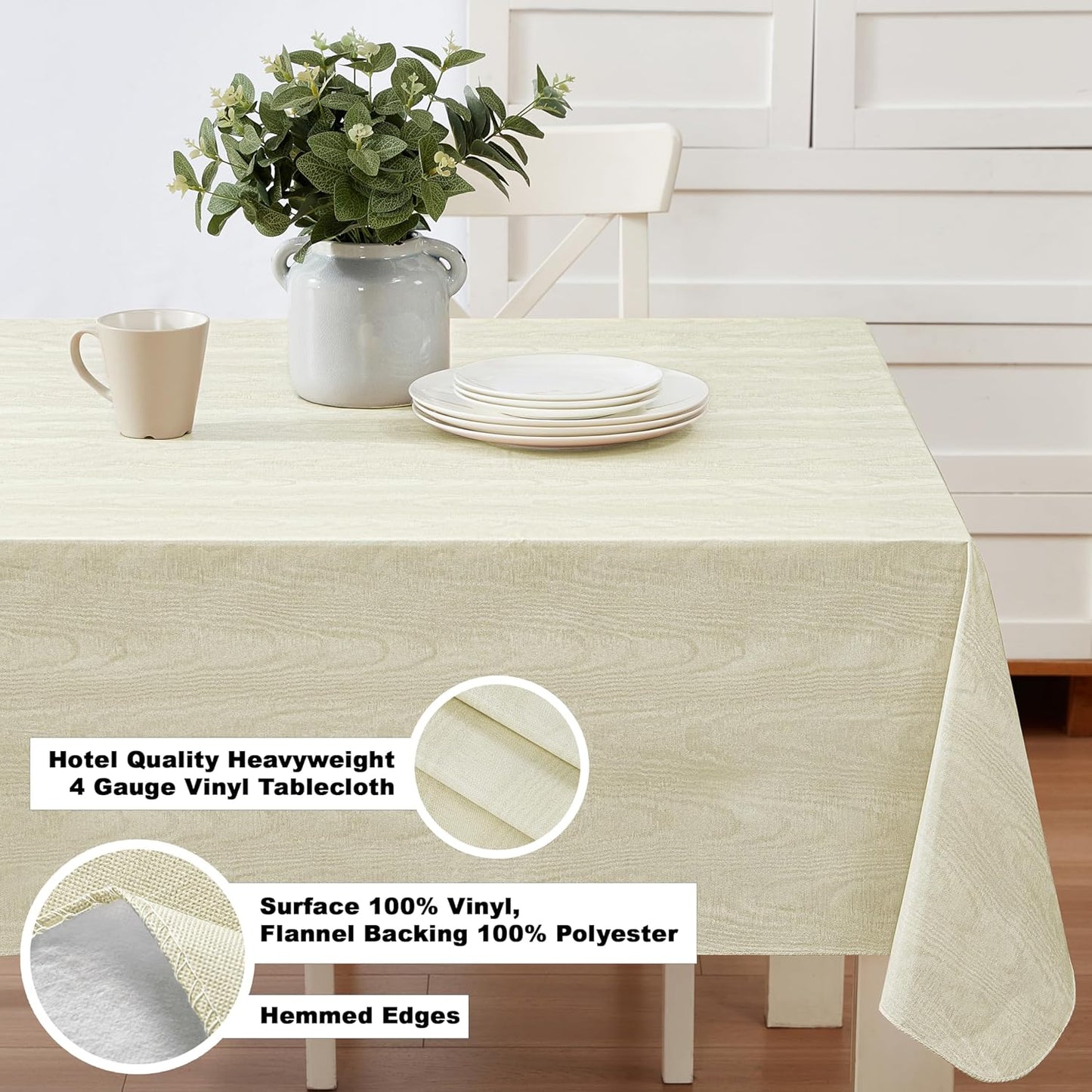 Newbridge Vinyl Flannel Backed Tablecloth, 60 x 120 Inch Rectangle, Beige Moire Wavy Solid Design, Heavyweight Indoor Outdoor Waterproof Table Cover, Easy Care Wipe Clean