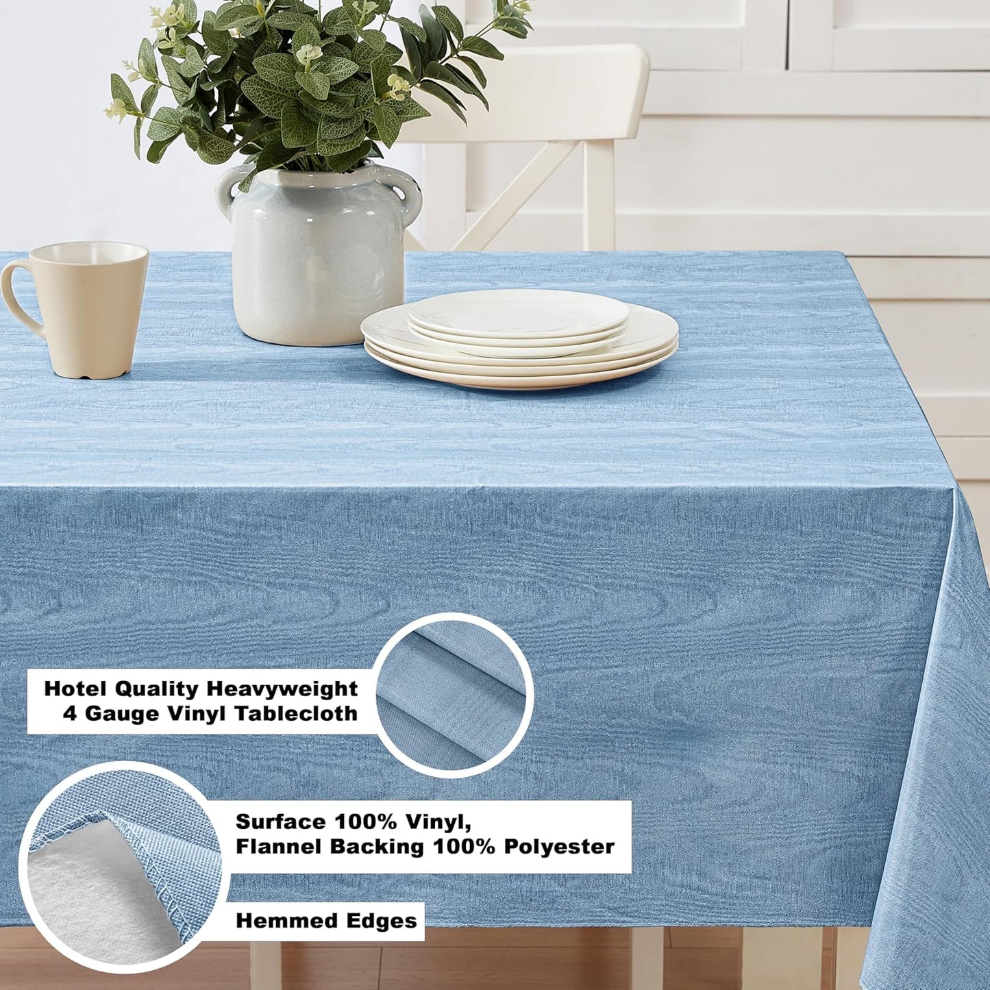 Newbridge Vinyl Flannel Backed Tablecloth, 52 x 52 Inch Square, Blue Moire Wavy Solid Design, Heavyweight Indoor Outdoor Waterproof Table Cover, Easy Care Wipe Clean