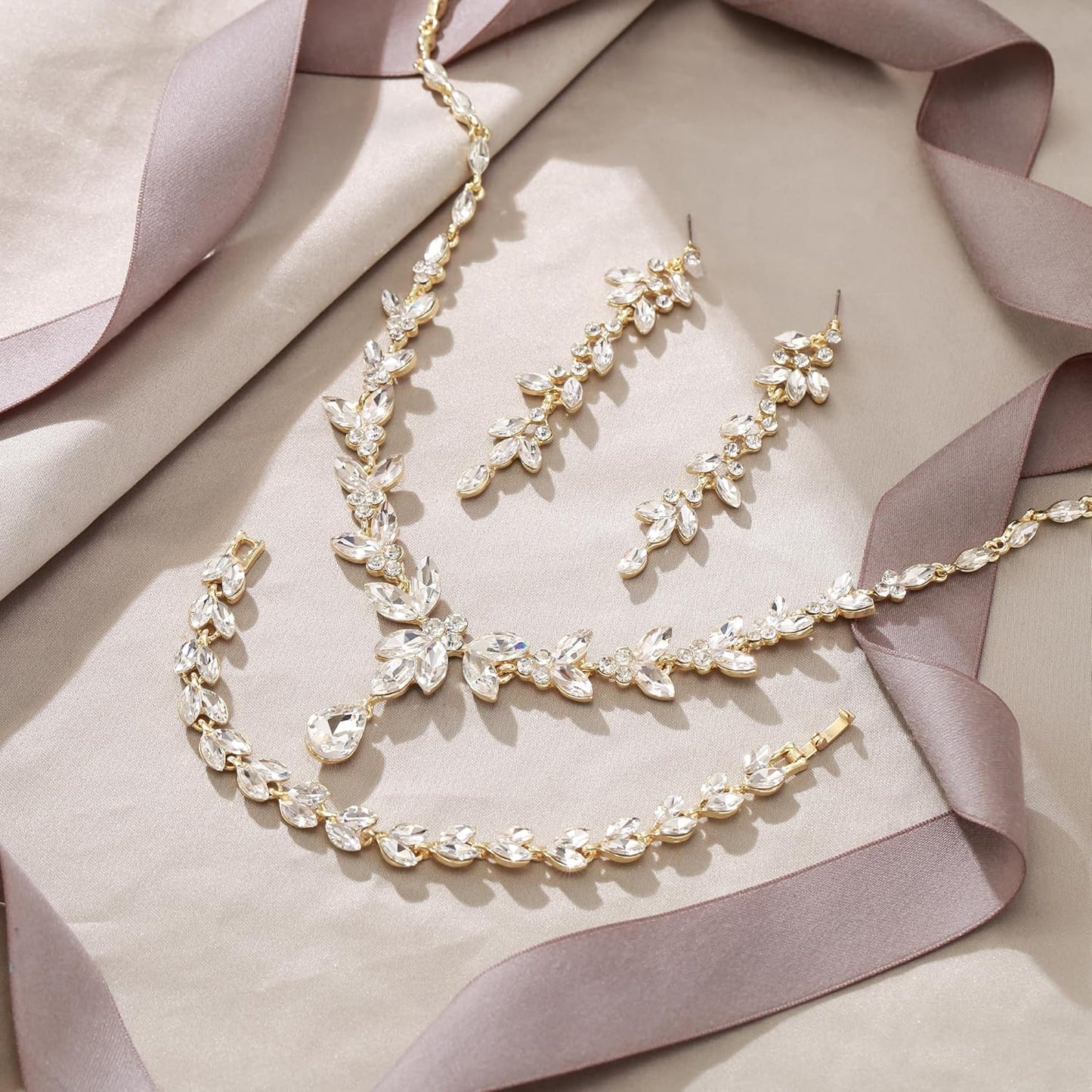 EVER FAITH Austrian Crystal Bridal Bridesmaid Jewelry Sets, Elegant Marquise Rhinestone Leaf Necklace Dangle Earrings Tennis Bracelet Set for Women