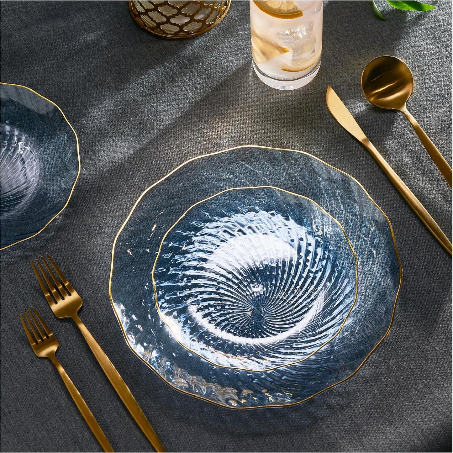 PLASTICPRO 30 Pack Plastic Plates Set of 15-10 inch Plates and 15-7 inch Plates, Elegant Clear Blue Spiral and Gold Rim Disposable Fancy Plates Premium Heavyweight
