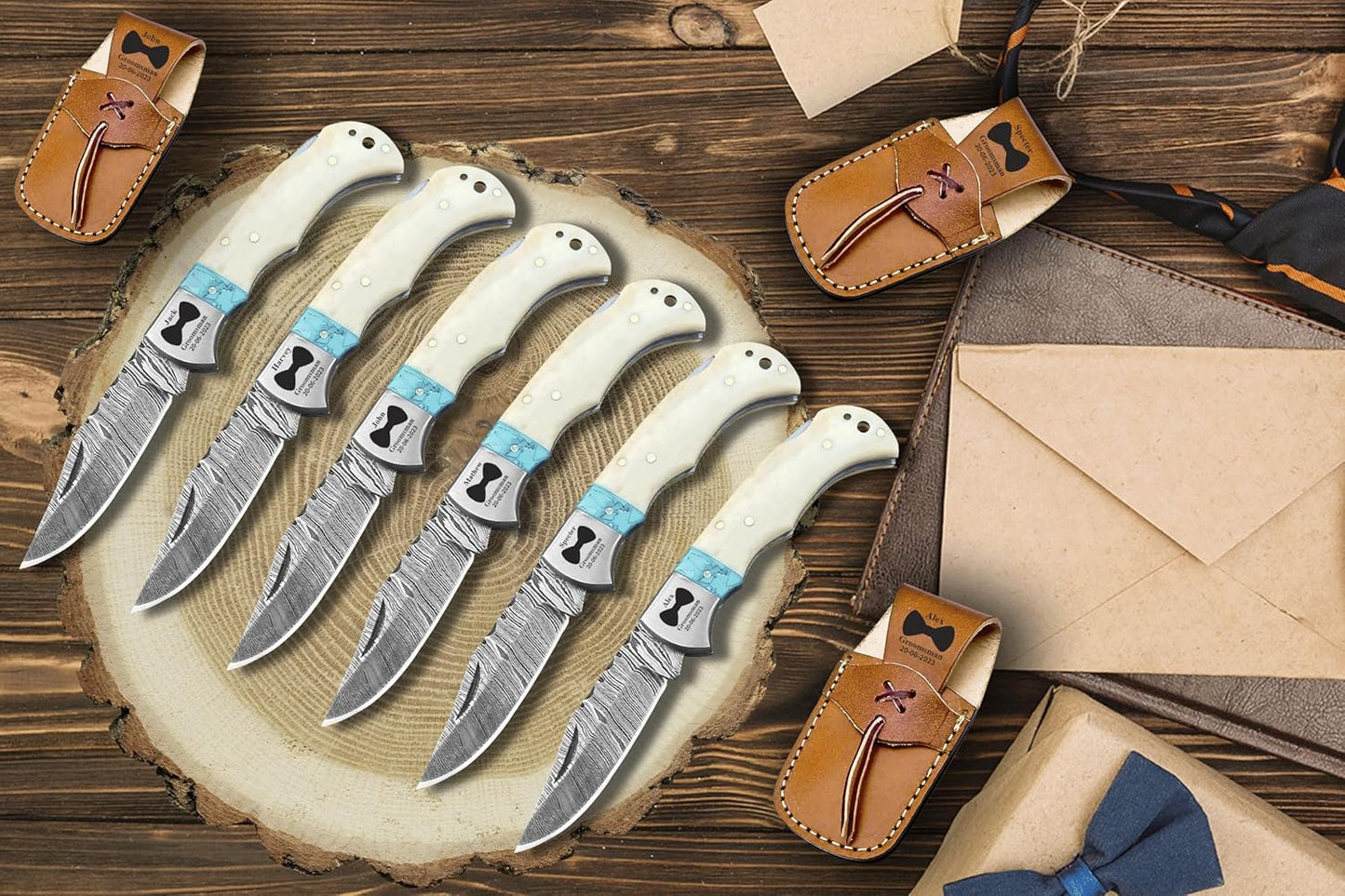 Set of 6 - Personalized Damascus Pocket Knife for Groomsmen -With Leather Sheaths - Custom Engraved Pocket Knives | Groomsman Gifts for Wedding, Groomsmen Proposal Gifts