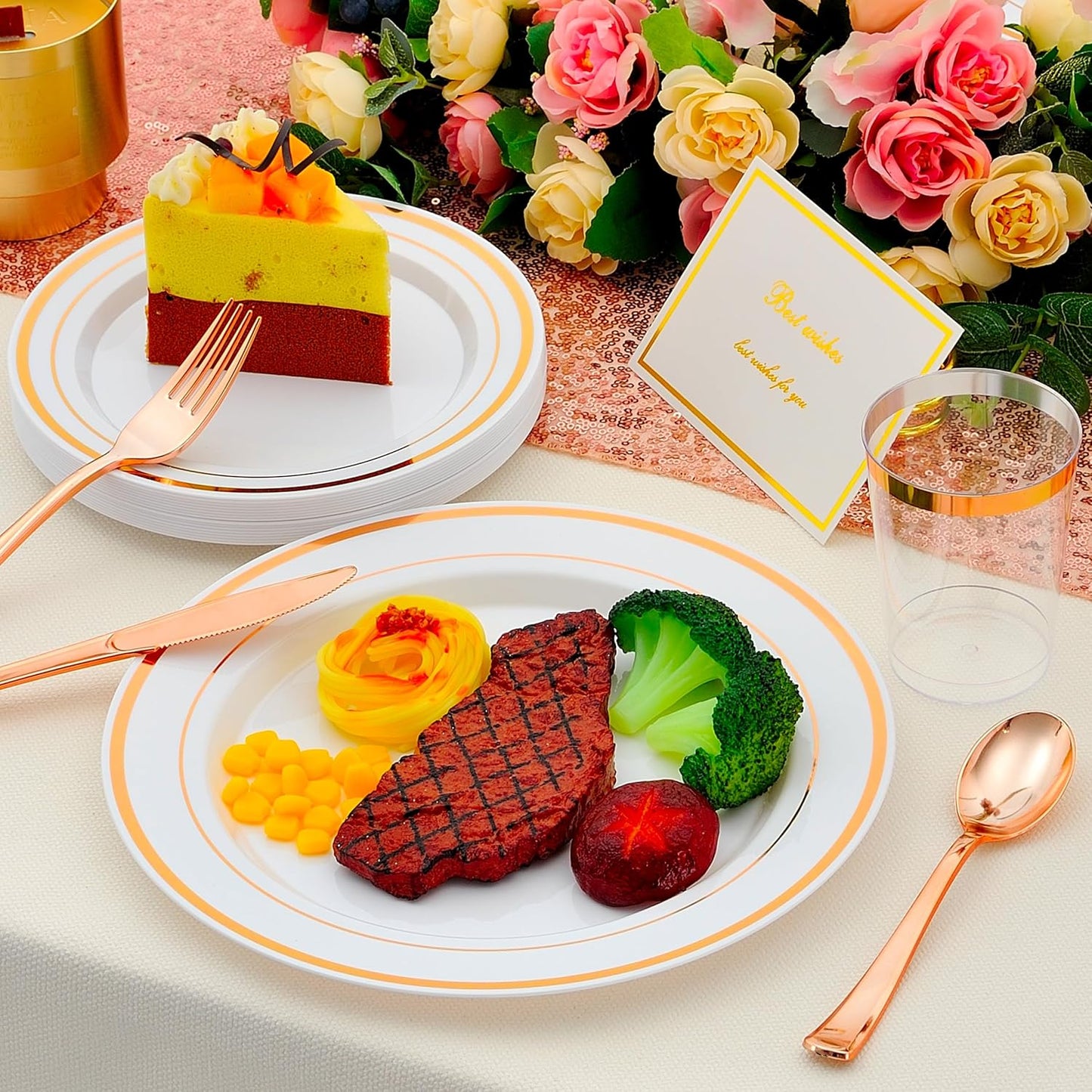 350PCS Rose Gold Plastic Plates for 50 Guests, Rose Gold Disposable Plates for Party Wedding-Dinnerware Set Include 50Dinner&Salad Plates, 50Silverware Set, 50Napkins, 50Cups