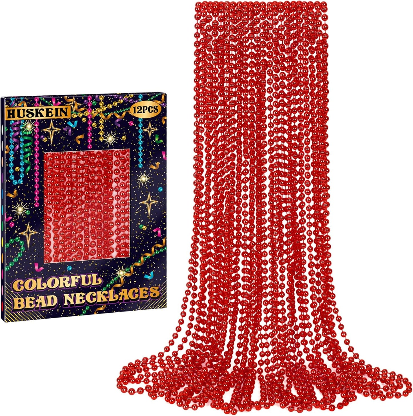 12 PCS Red Bead Necklace, 33" Red Christmas Beads Necklaces, 33" Carnival Beaded Stuff, Mardi Gras Beads Throws, Round Beads Necklaces for Mardi Gras Party Favors Christmas Celebrations Decorations