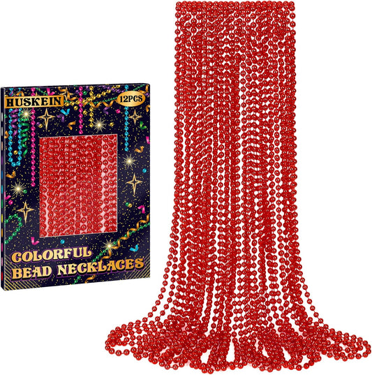 12 PCS Red Bead Necklace, 33" Red Christmas Beads Necklaces, 33" Carnival Beaded Stuff, Mardi Gras Beads Throws, Round Beads Necklaces for Mardi Gras Party Favors Christmas Celebrations Decorations