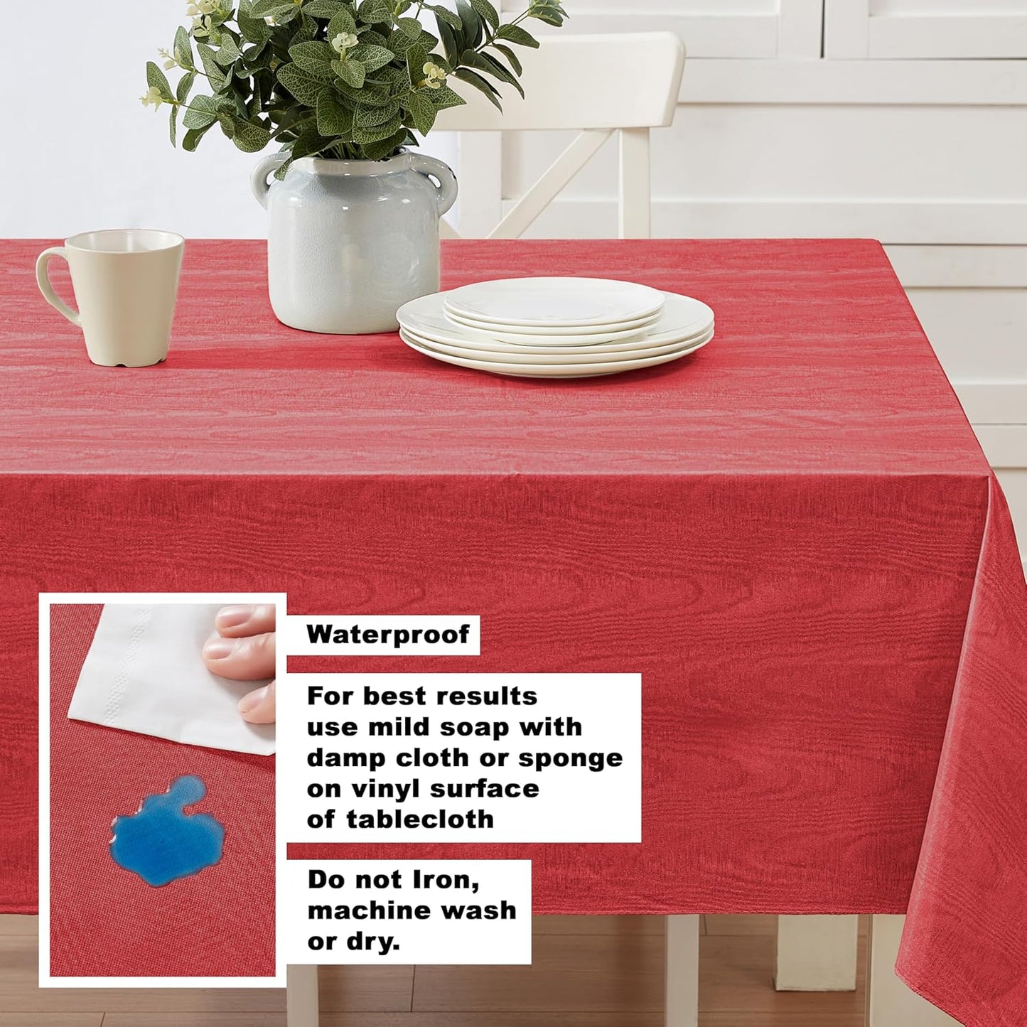 Newbridge Vinyl Flannel Backed Tablecloth, 52 x 52 Inch Square, Red Moire Wavy Solid Design, Heavyweight Indoor Outdoor Waterproof Table Cover, Easy Care Wipe Clean