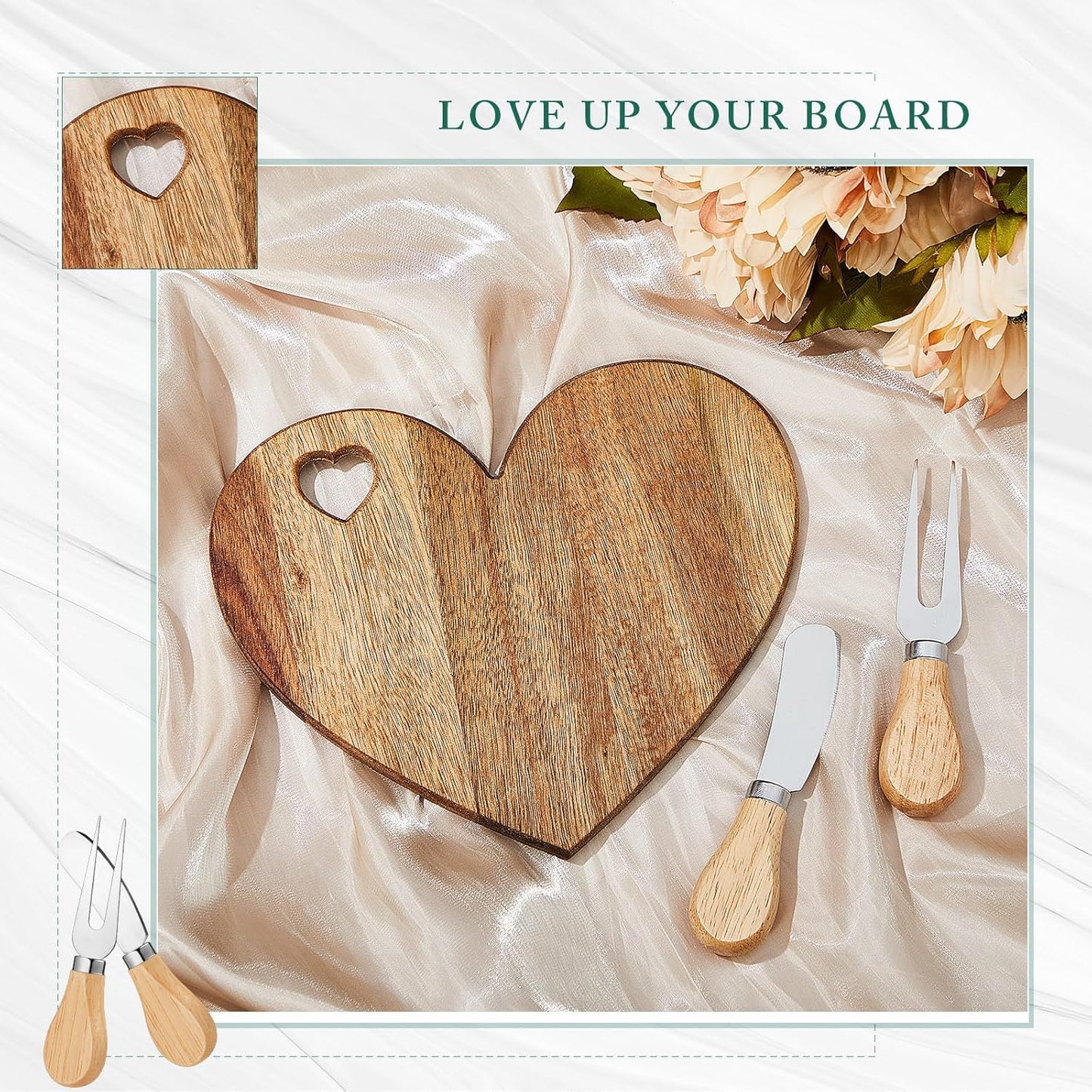 Patelai 24 Set Bridal Shower Favor Heart Cheese Board Cheese Knives Wood Mini Charcuterie Board Thank You Gift Box for Guest Bridal Baby Shower Prize Wedding Birthday Valentines (Acacia Color)