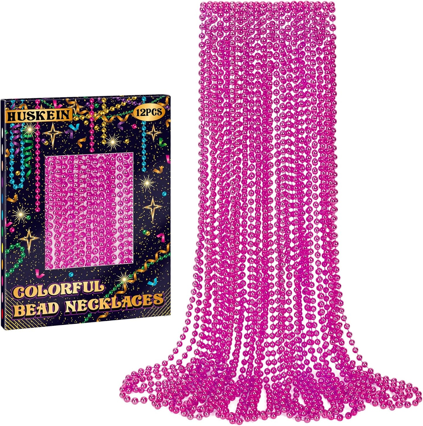 12 PCS Rosered Beads Necklaces, Breast Cancer Awareness Accessories, 33" Mardi Gras Beads Bulk, Round Christmas Necklace for Wedding Holiday Events Parade Pirate Party Favors Decorations