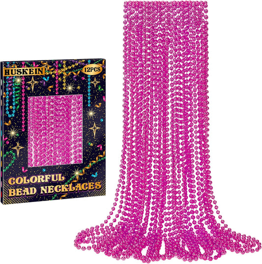 12 PCS Rosered Beads Necklaces, Breast Cancer Awareness Accessories, 33" Mardi Gras Beads Bulk, Round Christmas Necklace for Wedding Holiday Events Parade Pirate Party Favors Decorations