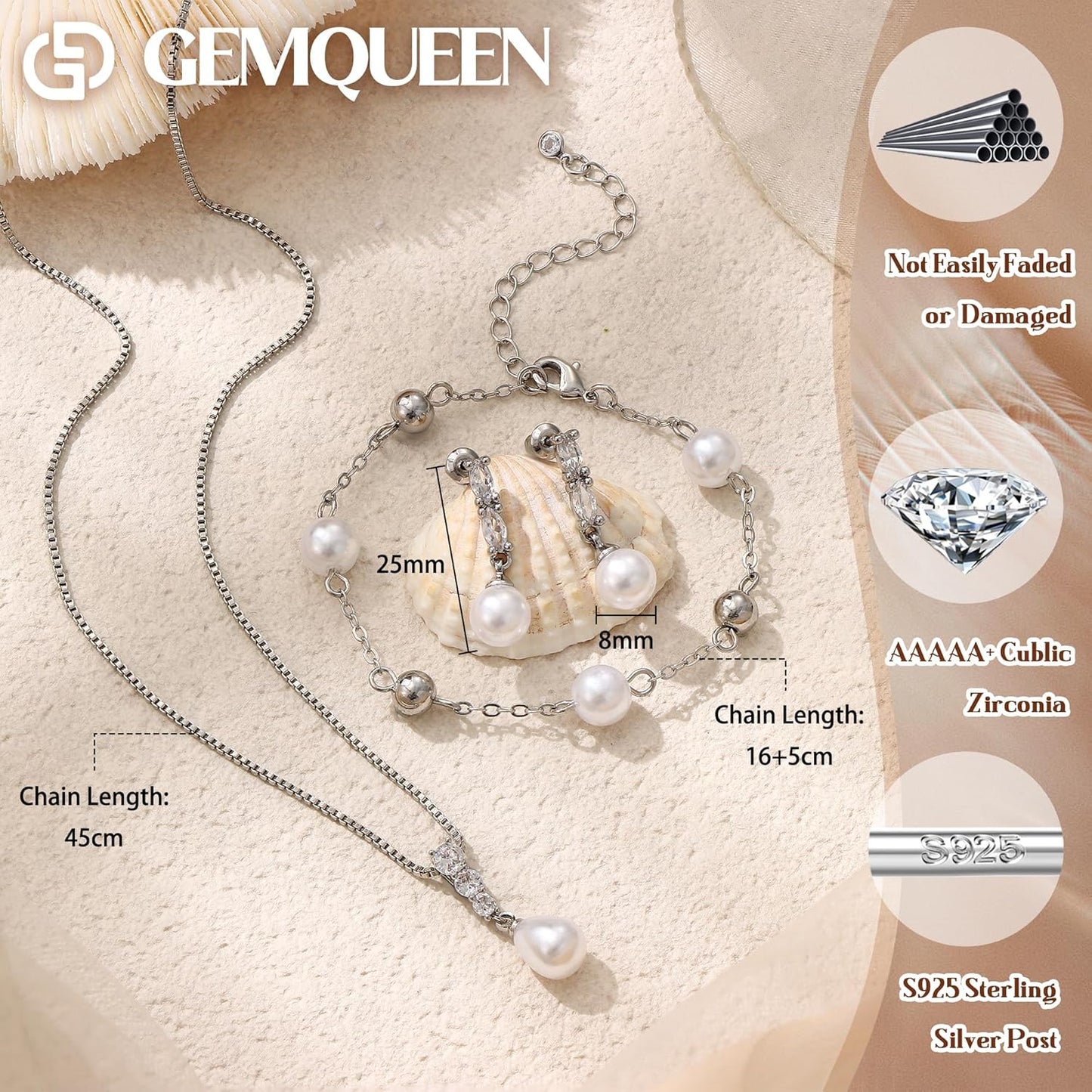 14K Gold Plated Pearl Jewelry Set for Women - 925 Sterling Silver Post Dangle Earrings Dainty Pearl Necklace Bracelet Wedding Jewelry Sets for Bride Bridesmaid CZ Costume Accessories Trendy