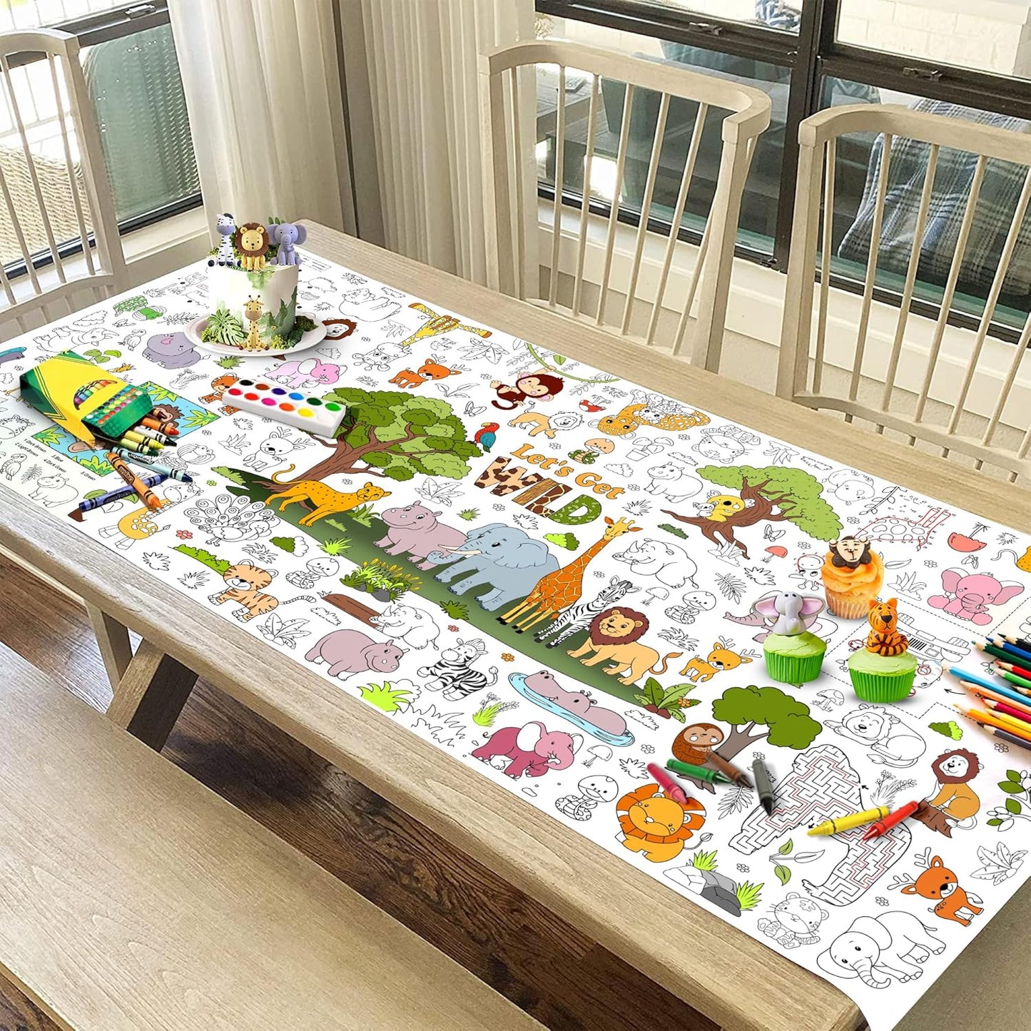 Wild Coloring Tablecloth for Kids, Jumbo 30x72 Inch Poster with Jungle Animals, Leaves, Safari Scenes, Perfect for Wild Party Games, Jungle Decorations, Classroom Fun, Celebration Supplies