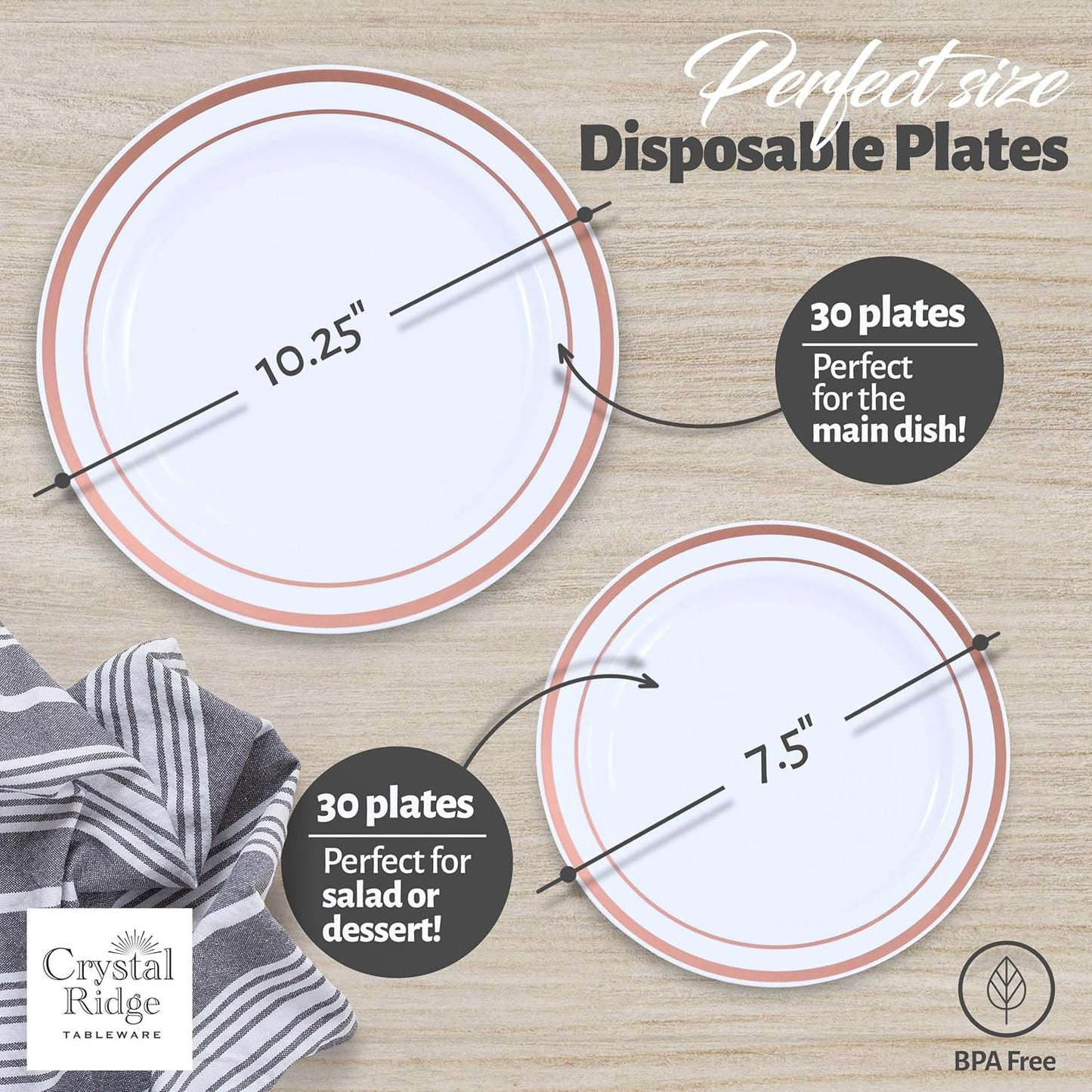 60 Pieces White Plastic Disposable Plates - Premium Heavy-Duty 30 Dinner Plates & 30 Salad Plates with Rose Gold Rim Ideal for Party, Birthday and Special Events
