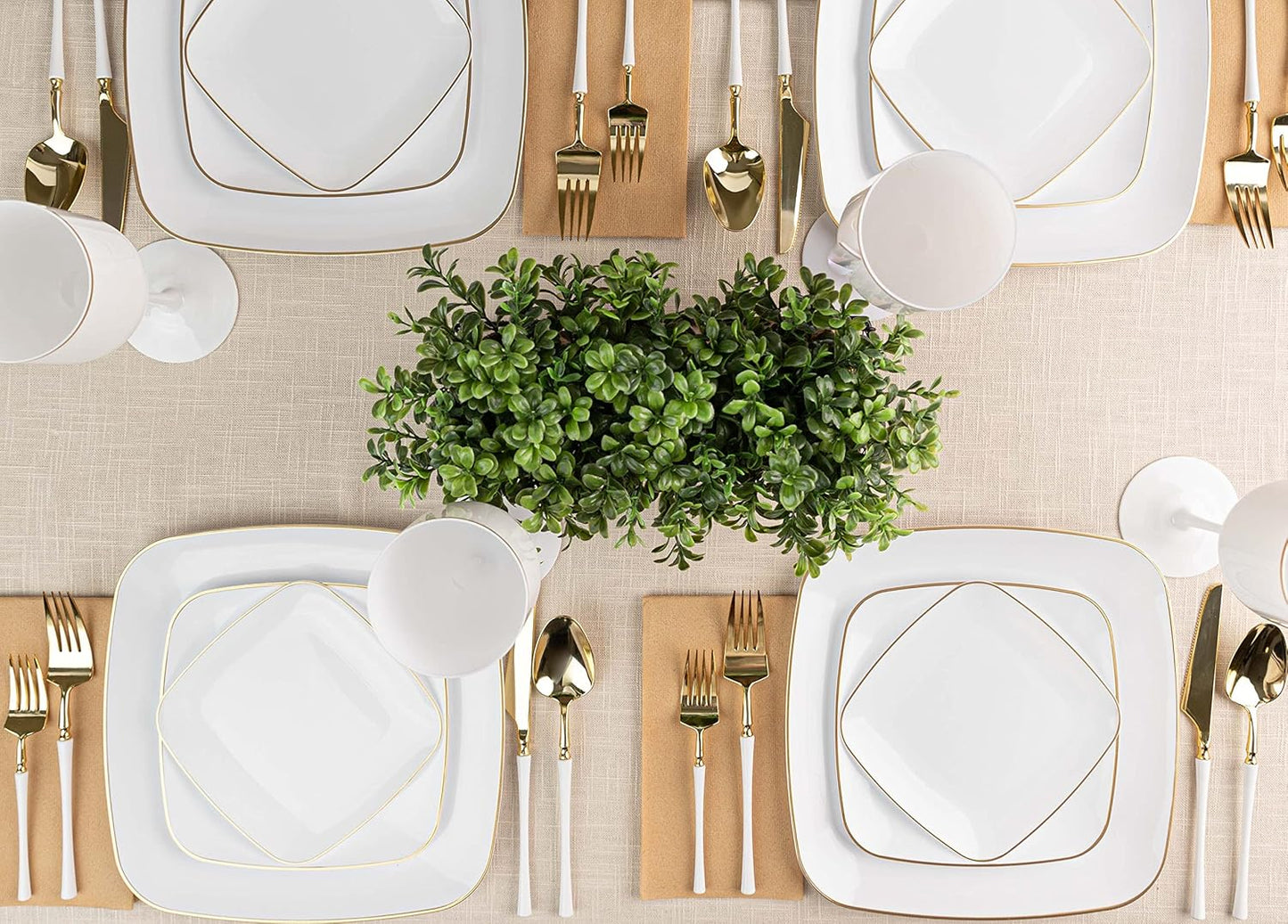 PLASTICPRO Square 32 Piece Combo Plates Set includes 16 x 7'' inch Salad Plates & 16 x 10'' inch Dinner Plates White Plastic Gold Rim Design Party Plates, Premium heavyweight Elegant,