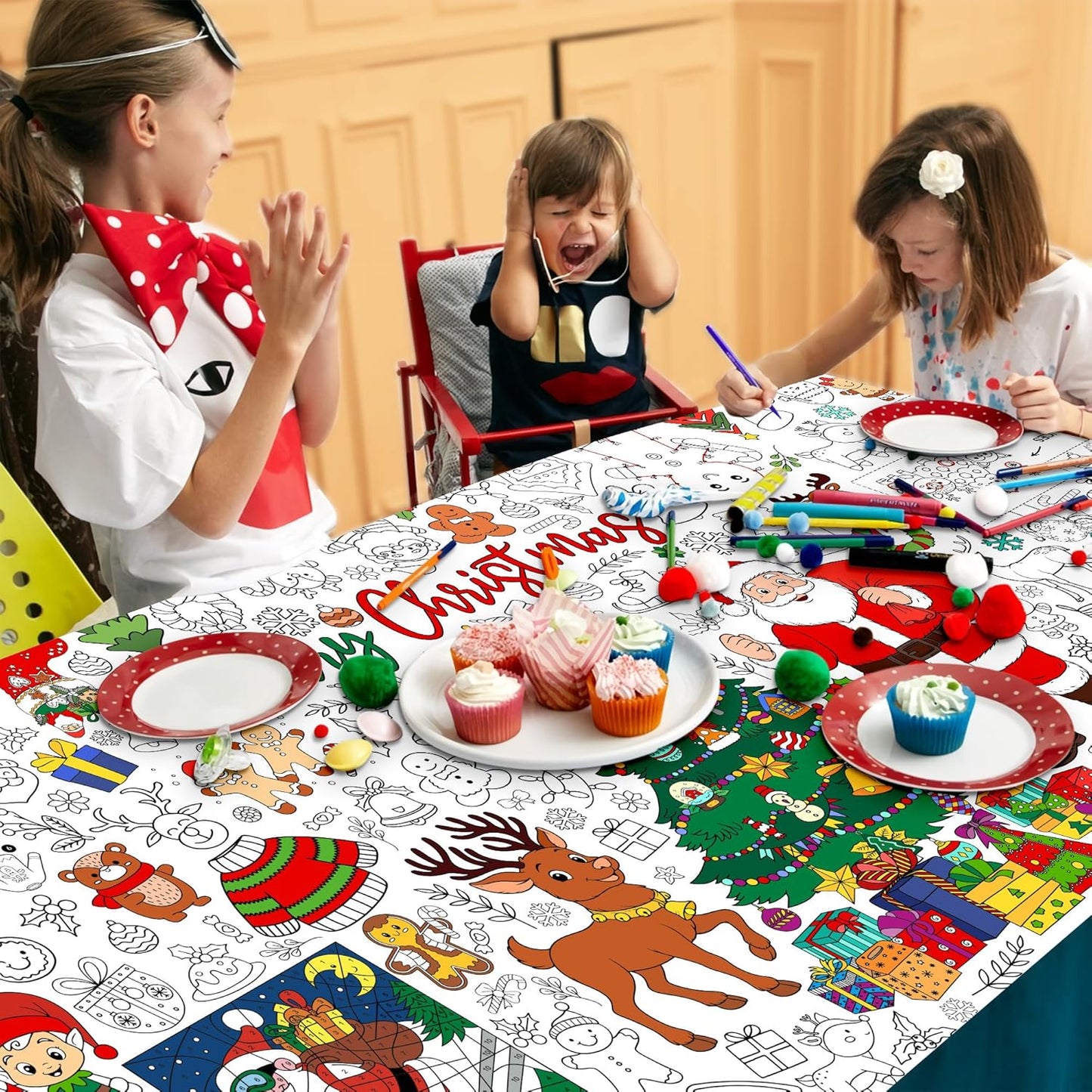 Christmas Giant Coloring Tablecloth for Kids, Large 30x72 Inch Poster with Santa, Christmas Tree, Reindeer, Perfect for Party Games, Classroom Decorations, Arts Crafts, Winter Activities