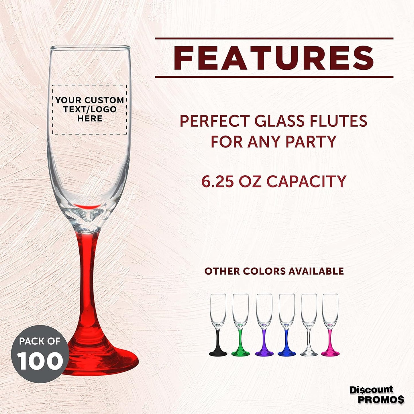 DISCOUNT PROMOS Custom Premiere Champagne Flutes 6.25 oz. Set of 100, Personalized Bulk Pack - Elegant Drinkware for Weddings, Events, & Promotional Gifts - Red