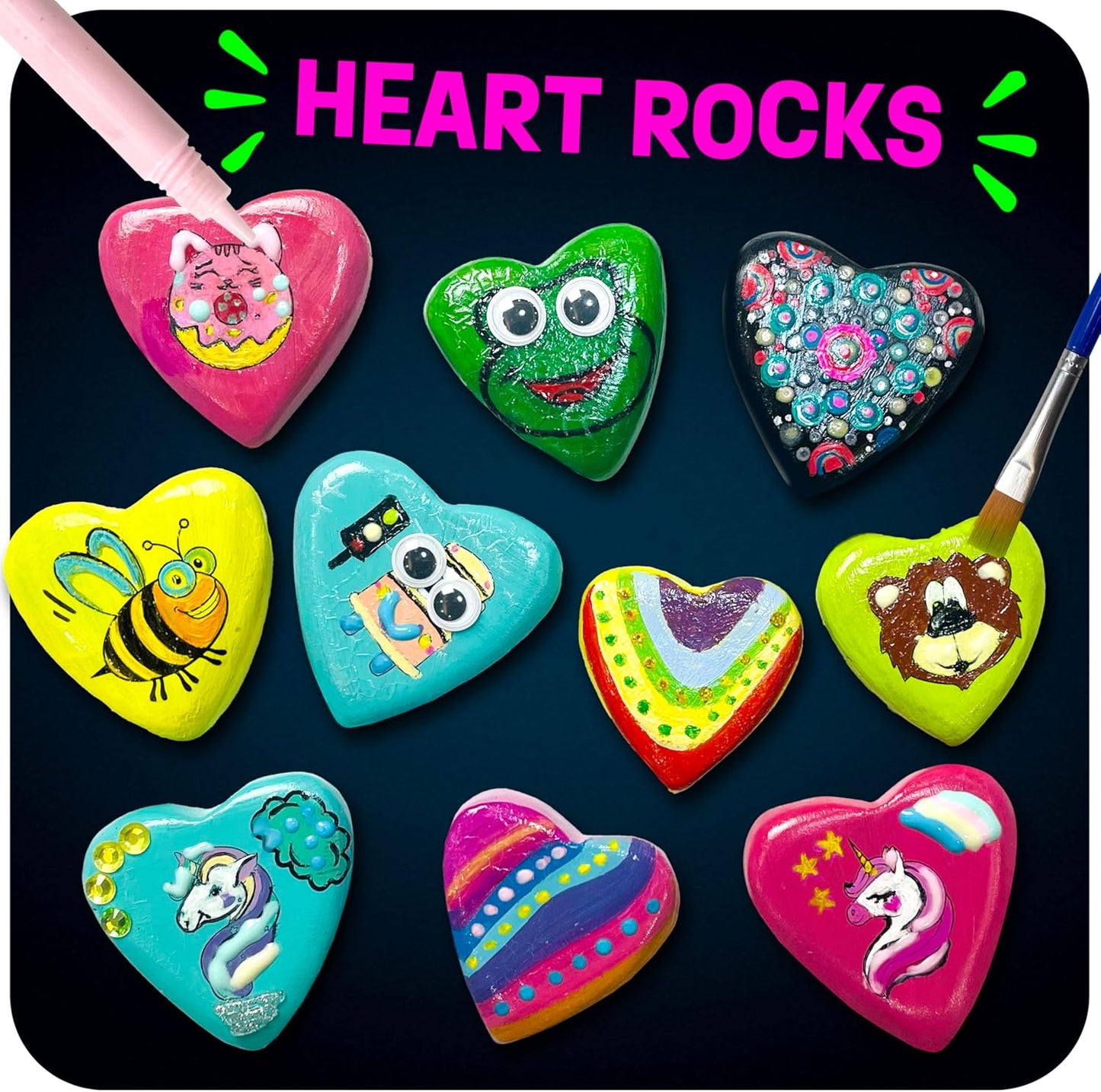 Hearts Rock Painting Kit for Kids Girls - Glow in Dark Art Supplies Ages 4-12 - Complete STEM Craft Set with Puffy Paint Stickers Gems Paints - Educational Birthday Christmas Gifts Art Toys for Girl