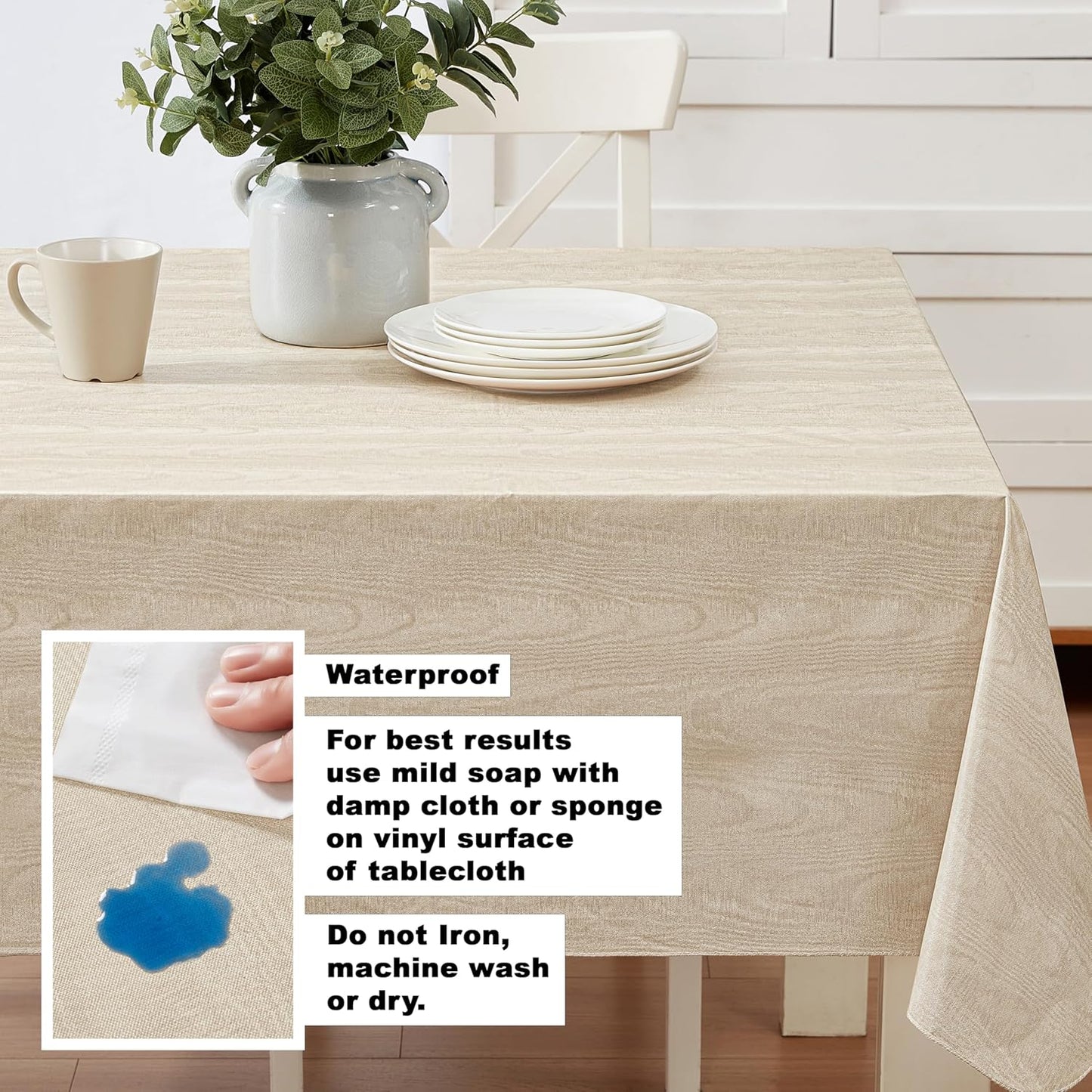 Newbridge Vinyl Flannel Backed Tablecloth, 52 x 52 Inch Square, Taupe Moire Wavy Solid Design, Heavyweight Indoor Outdoor Waterproof Table Cover, Easy Care Wipe Clean