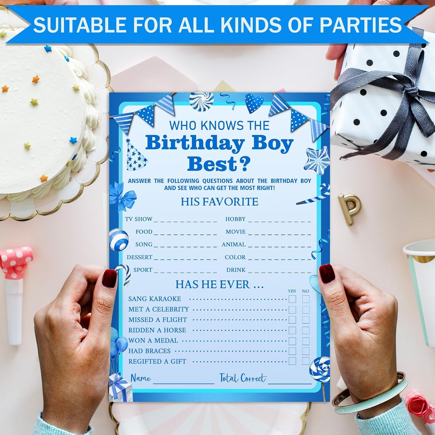 Who Knows The Birthday Boy Best Game Cards - Birthday Sleepover Party Supplies Activity Decorations for The Boy Card Game 5x7 Inch Set of 25 Cards (Double-Sided) - A02