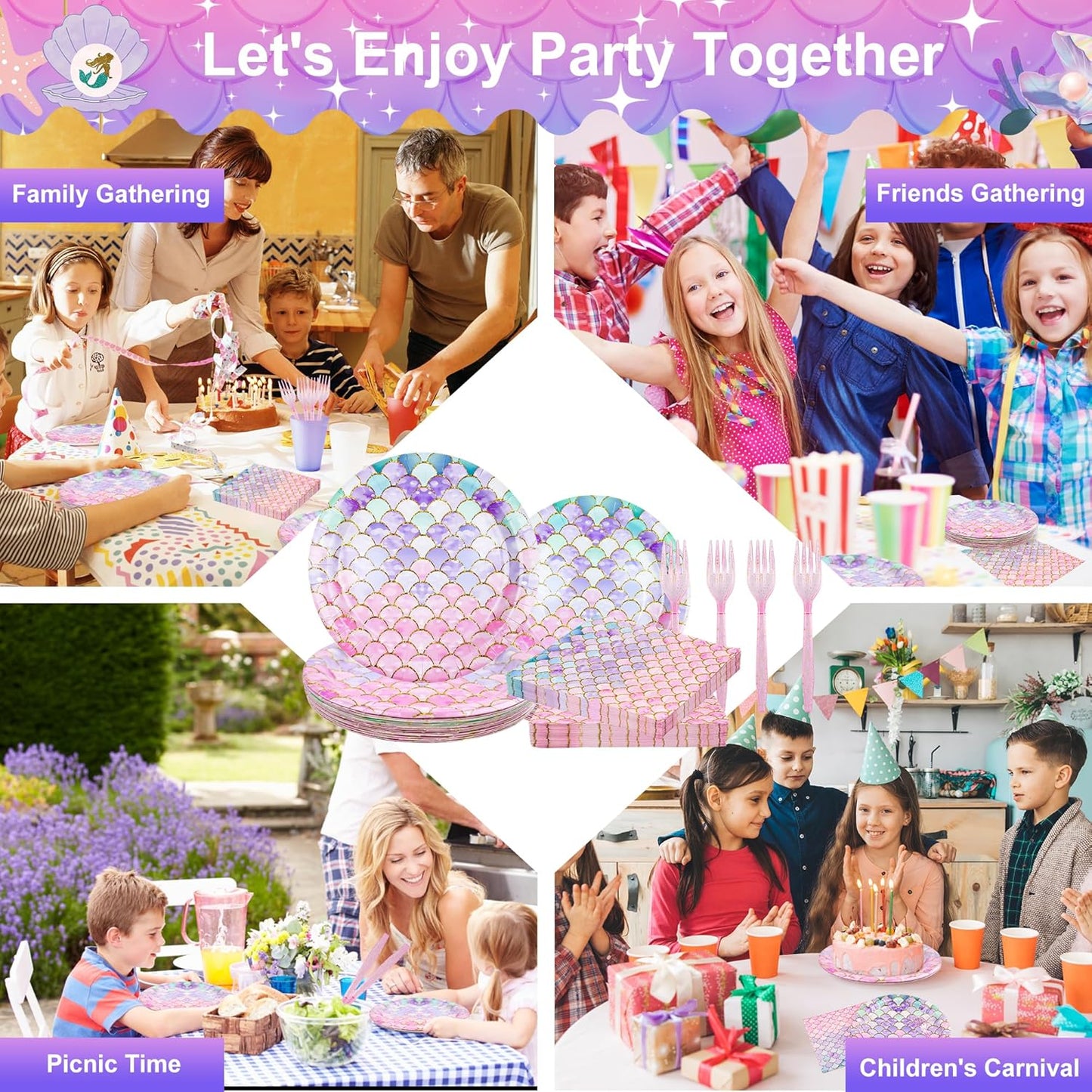 120 Pieces Mermaid Scale Birthday Party Tableware Set - Includes Plates, Napkins, Forks - Ocean Themed Decorations for Girls Party - Ideal for 30 People