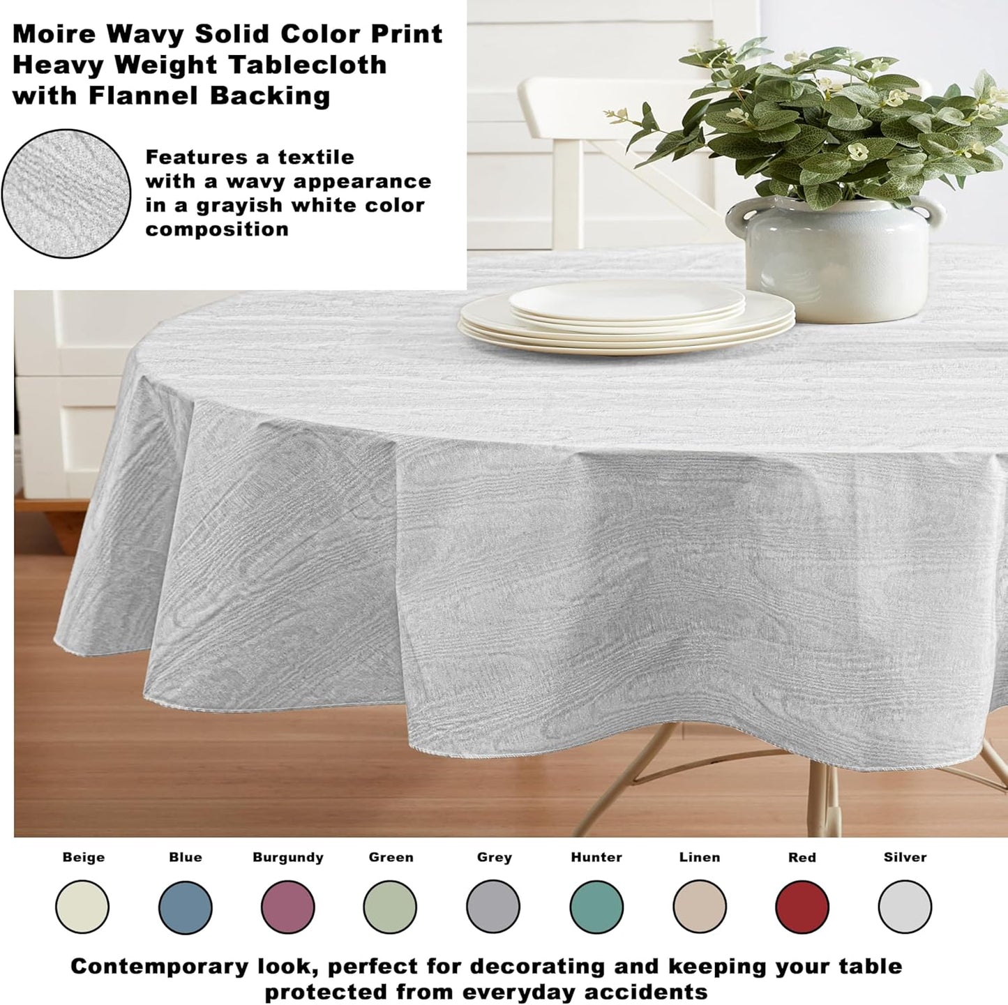 Newbridge Vinyl Flannel Backed Tablecloth, 60 x 84 Inch Oval, Silvery White Moire Wavy Solid Design, Heavyweight Indoor Outdoor Waterproof Table Cover, Easy Care Wipe Clean