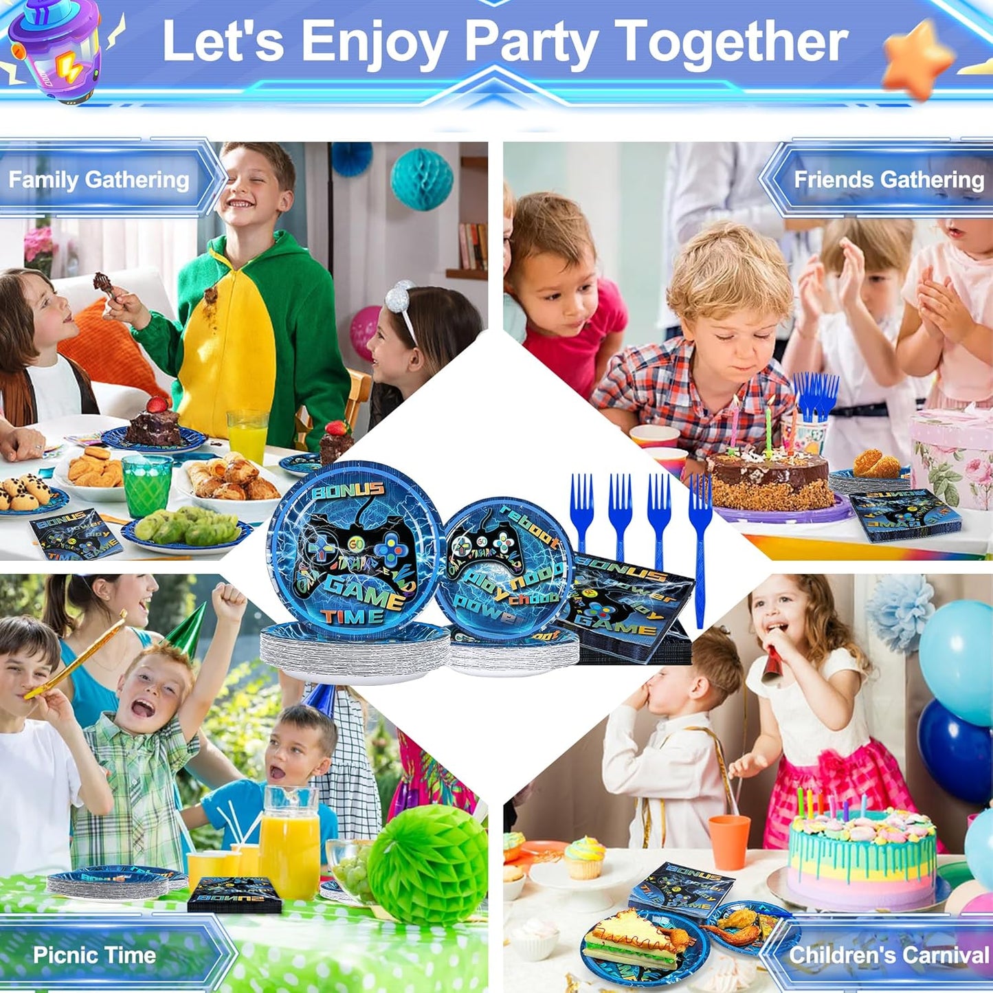 Video Game Party Supplies 120 Pcs Set - Plates, Napkins, Forks, Perfect for Boys Birthday, Baby Shower, Serves 30