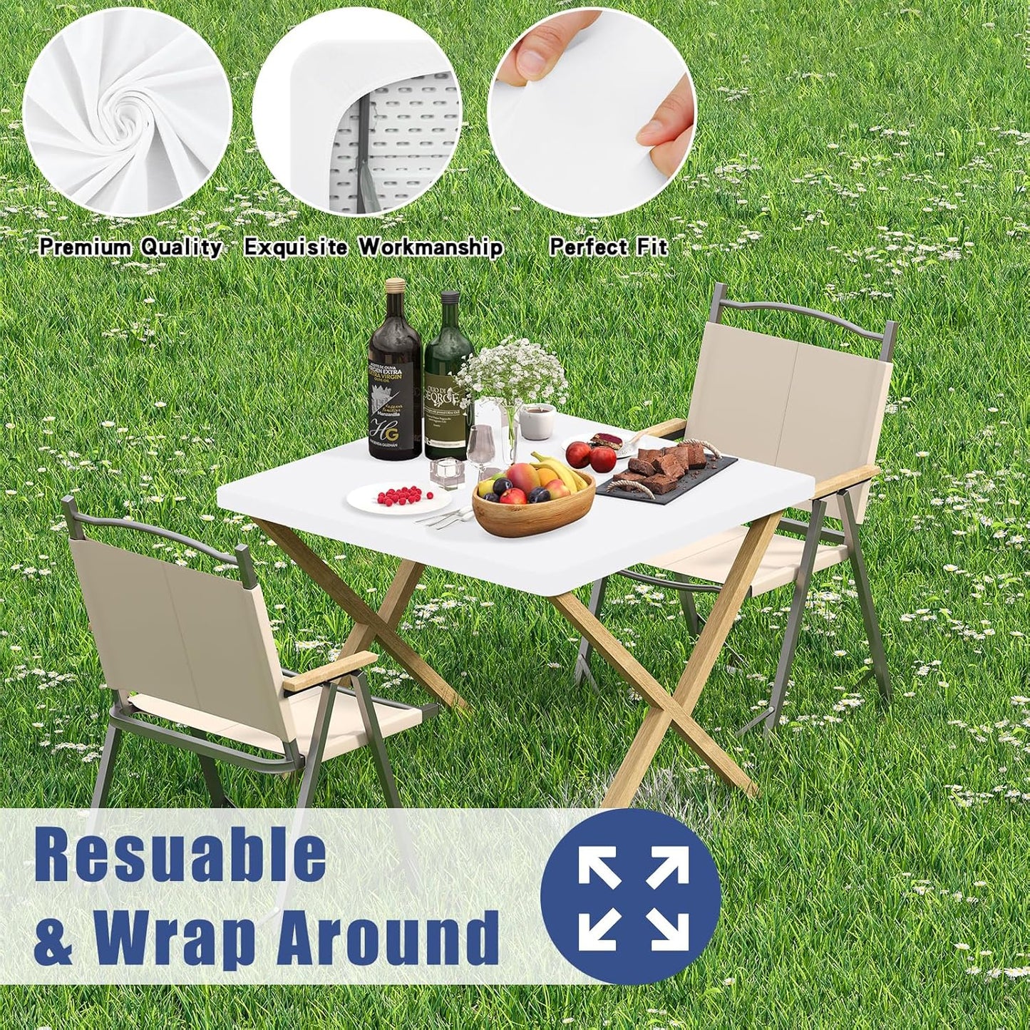 Spandex Picnic Table Cloth 2 Pack, Elastic Fitted Tablecloths for Square Tables, Stretch Washable Patio Table Cover for Outdoor, Camping, Banquet and Parties (White, 34"x34")