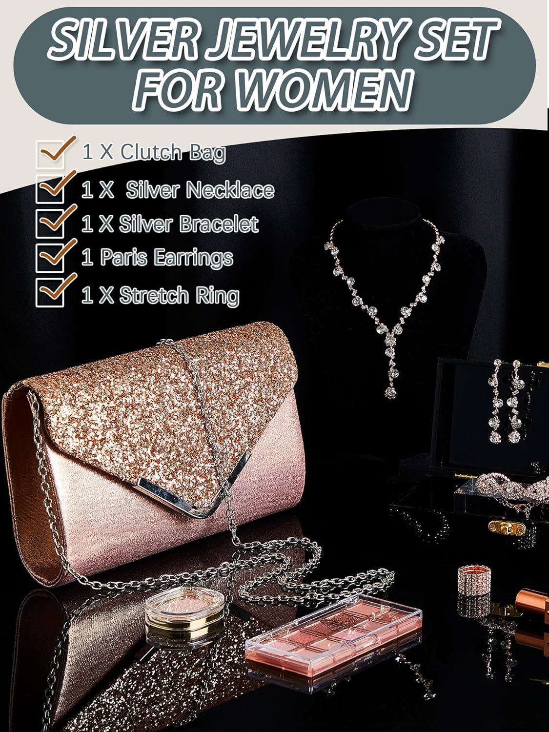 Henoyso 5 Pcs Purse Rhinestone Jewelry Set Prom Jewelry Rhinestone Clutch Purse Necklace Earrings Bracelets for Women Bride