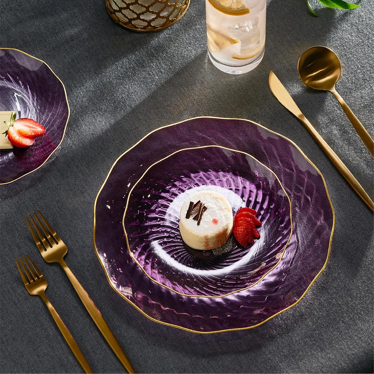PLASTICPRO 30 Pack Plastic Set of 15-10 inch Plates and 15-7 inch Dishes Elegant Clear Purple Spiral and Gold Rim Disposable Fancy Plates Premium Heavyweight
