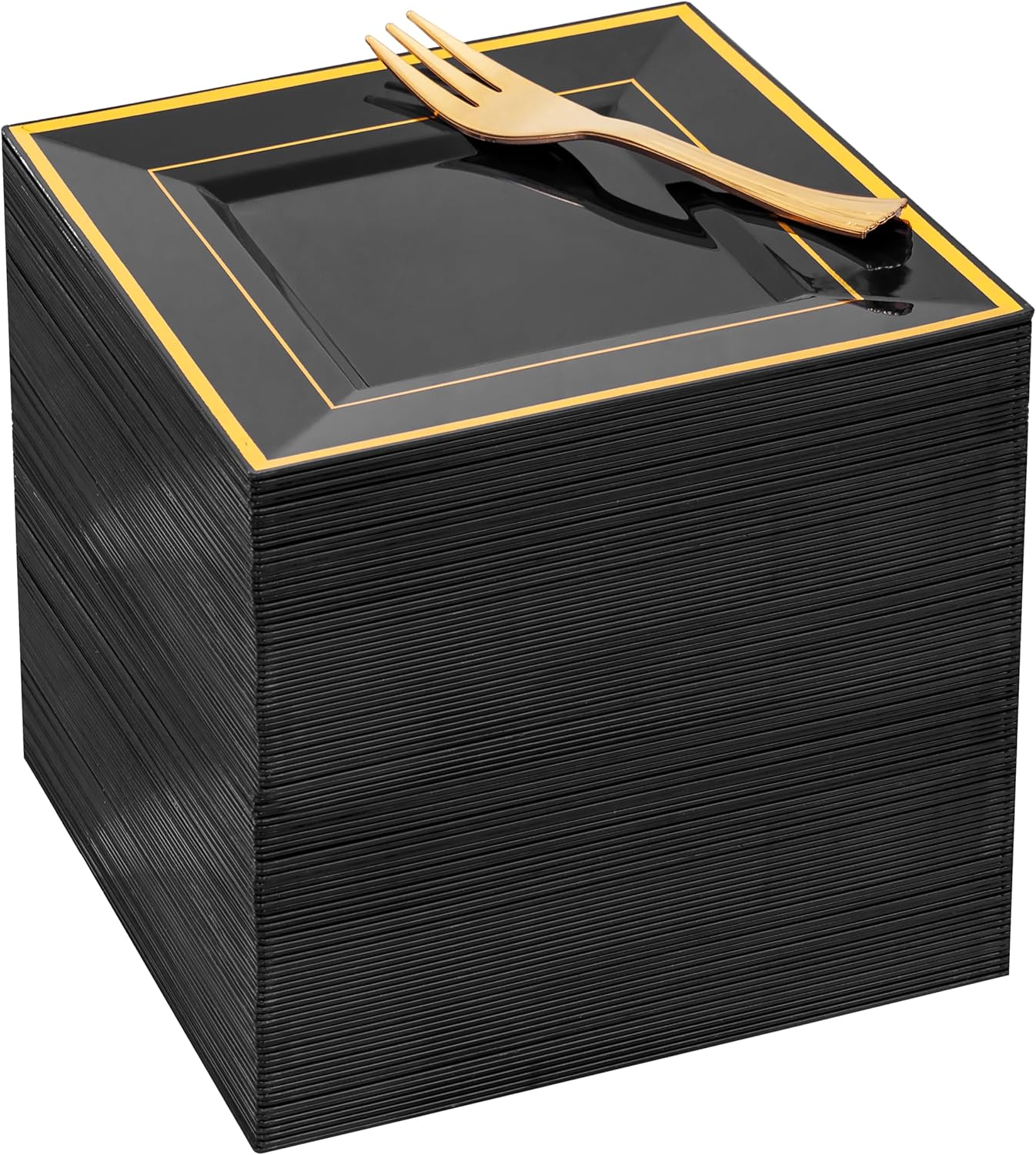 WDF 200PCS Black and Gold Plastic Dessert Plates with Plastic Forks -6’’ 100 Square Disposable Appetizer Plates Small Plate Cake Plate with Gold Rim for New Year