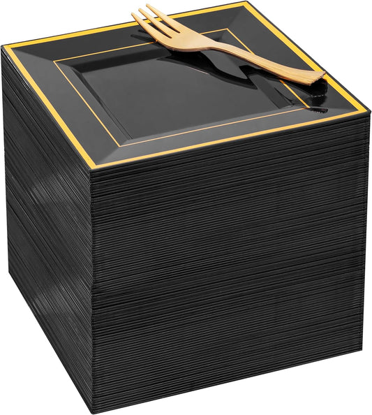 WDF 200PCS Black and Gold Plastic Dessert Plates with Plastic Forks -6’’ 100 Square Disposable Appetizer Plates Small Plate Cake Plate with Gold Rim for New Year
