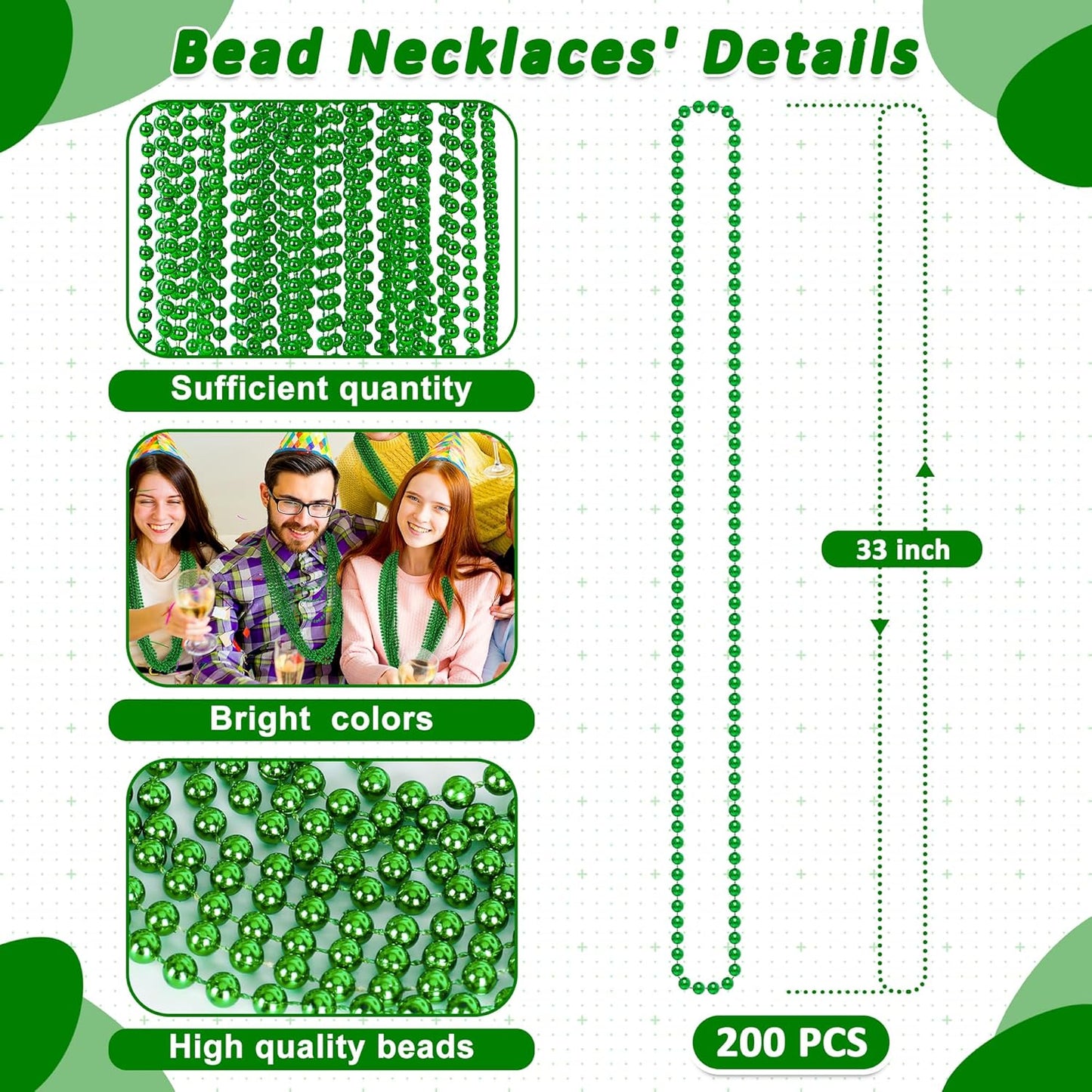 200 PCS Beaded Necklaces, 33" Mardi Gras Beads, St Patricks Day Bead Necklace, Green Accessories Parade Throws Bulk for Baby Shower Wedding Birthday Pirate Party Favors Supplies