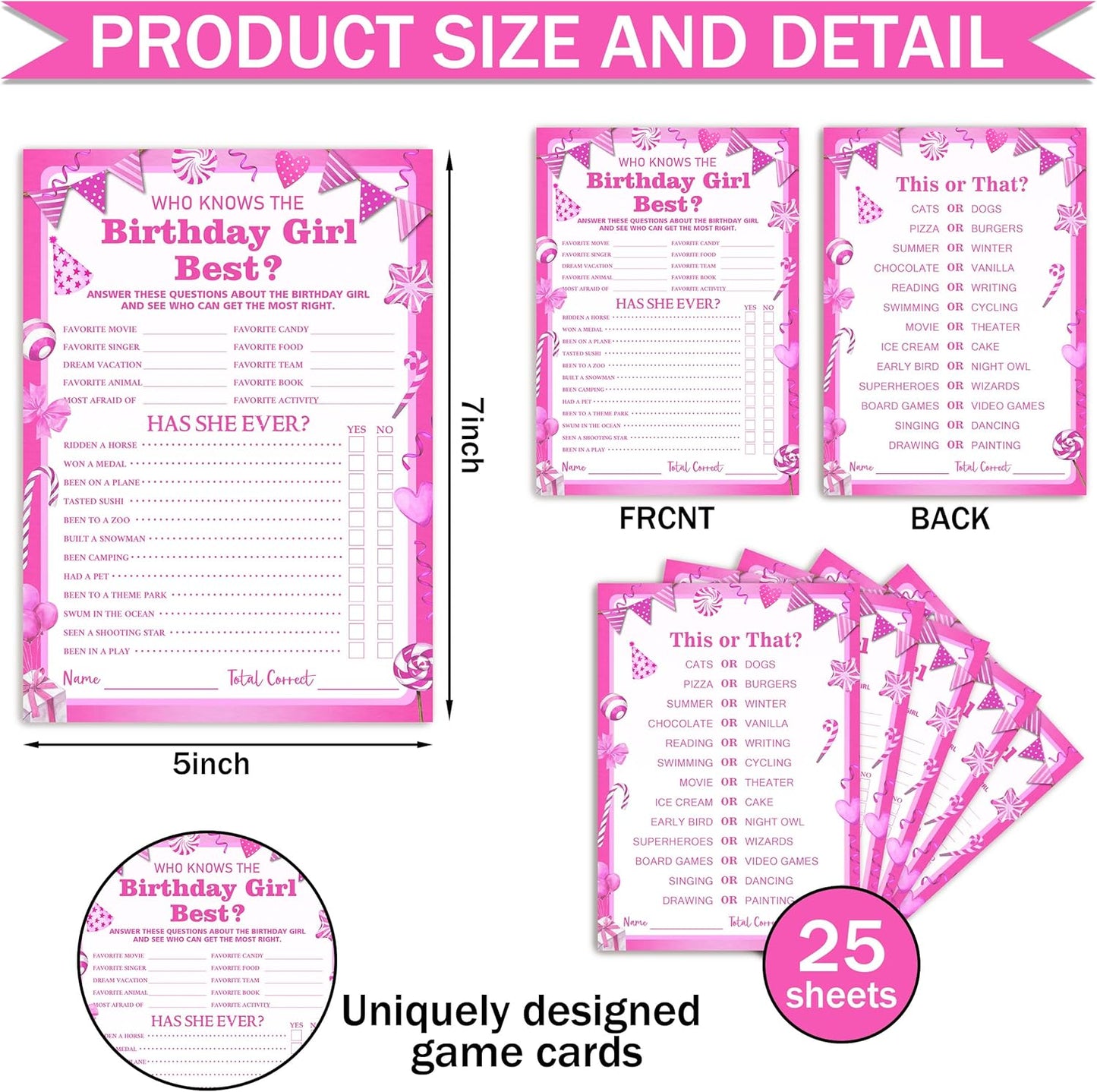 Birthday Party Games Card, Who Knows The Birthday Girl Best, Girls Sleepover Party Supplies for The Girls Card Game, 5x7 Inch Set of 25 Game Cards (Pink, Double-Sided) - A03