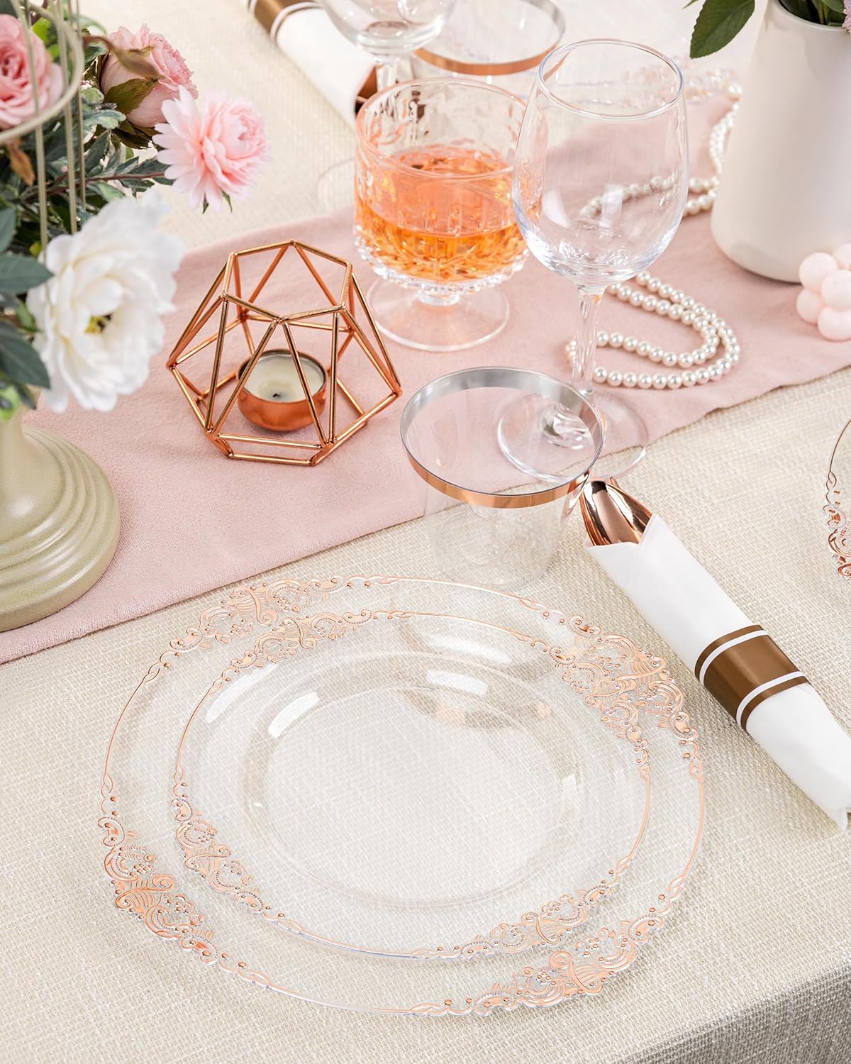 Nervure 175PCS Rose Gold Plastic Plates - Disposable Rose Gold Party Plates & Pre Rolled Napkins with Cutlery for 25 Guests, 50Plates, 75Silverware, 25Cups, 25Napkin for Wedding & Party