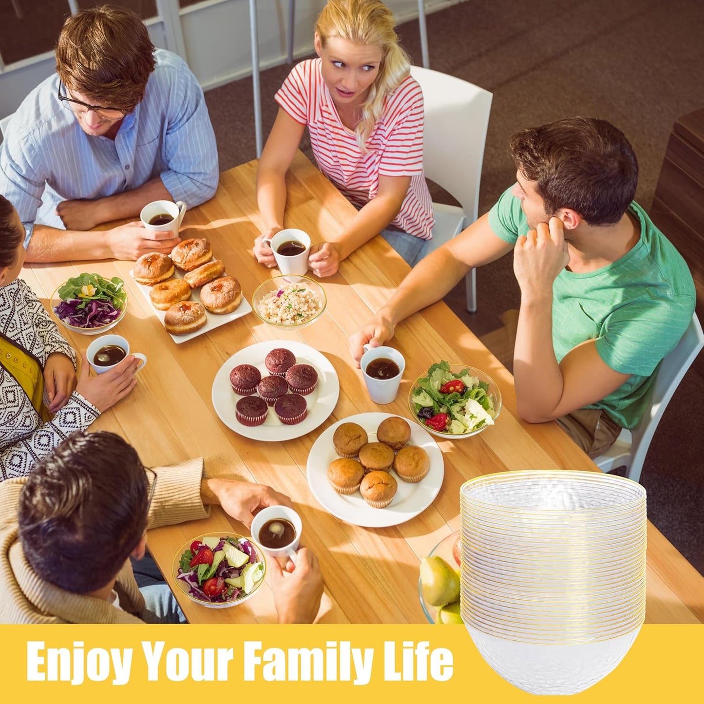 Rubtlamp 30 Pack Clear Disposable Bowls, Clear Plastic Bowls with Gold Rim, 12-16oz Premium Heavy Duty Plastic Dinner Bowls for Party, Wedding and Holiday