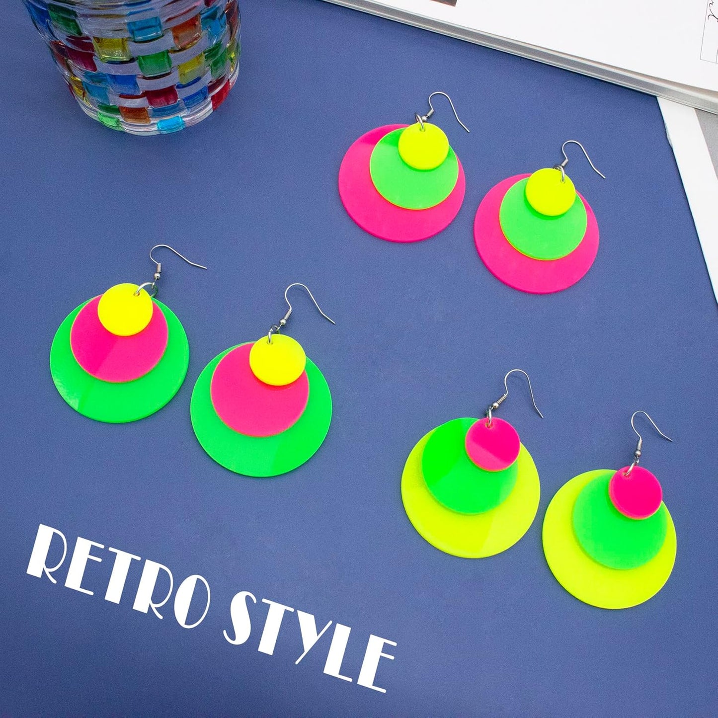 80s 90s Neon Earrings for Women Retro Cassette Tape Hoop Earring Candy Color Lightweight Acrylic Stud Dangle Earrings for 80S Costume Outfits Dancing Glow Party Accessories